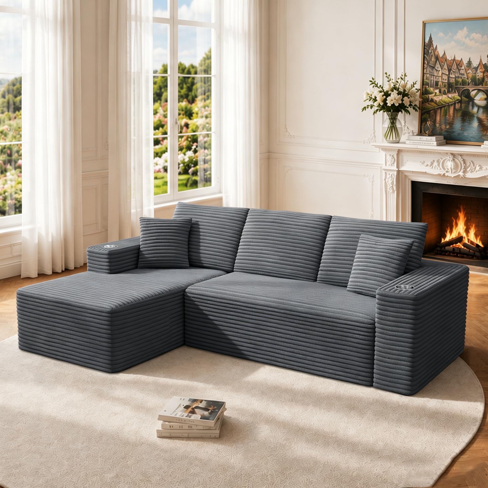 Sofá Esquinero, Sofa 3 Plazas con Chaise Longue, 102 inch/261cm Sofá de Pana Afelpado con Asiento Profundo Deshuesado, Sofá Modular Forma L Sofá de Corduroy para Salón, Gris Oscuro