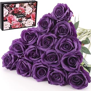 15Pcs Fake Roses Velet Roses Long Stem Artificial Flowers Silk Flowers for Home Wedding Decoration (Round Roses，Pure Purple)
