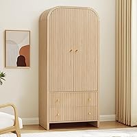 LEVNARY Mid-Century Modern Arched Armoire Wardrobe Closet, Fluted 2-Door Freestanding Cabinet with Hanging Rod & 2 Drawers, Natural Wood Grain