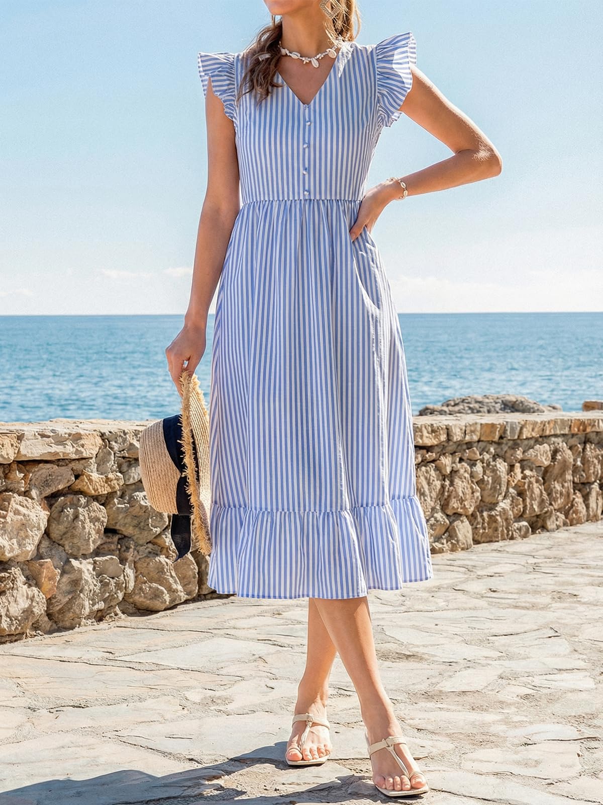 CUPSHE - Vestido de verano casual a rayas con cuello en V y mangas con volantes para mujer