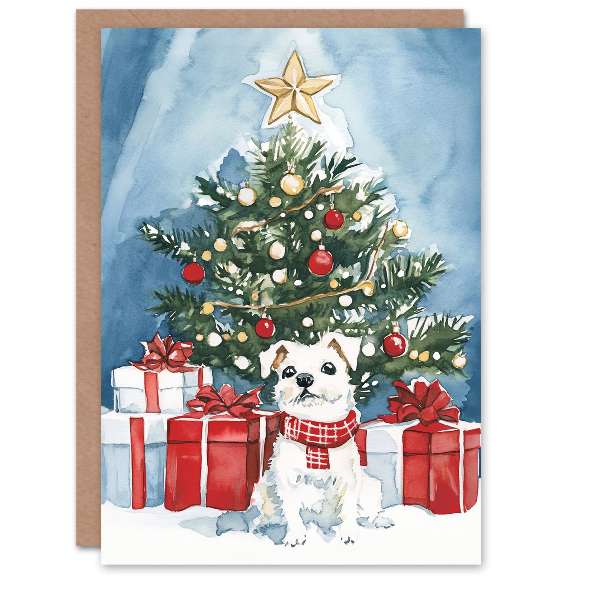 Artery8 Puppy Presents Decorated Tree Dog Lover Blank For Him Or Her Art Xmas Festive Christmas Card