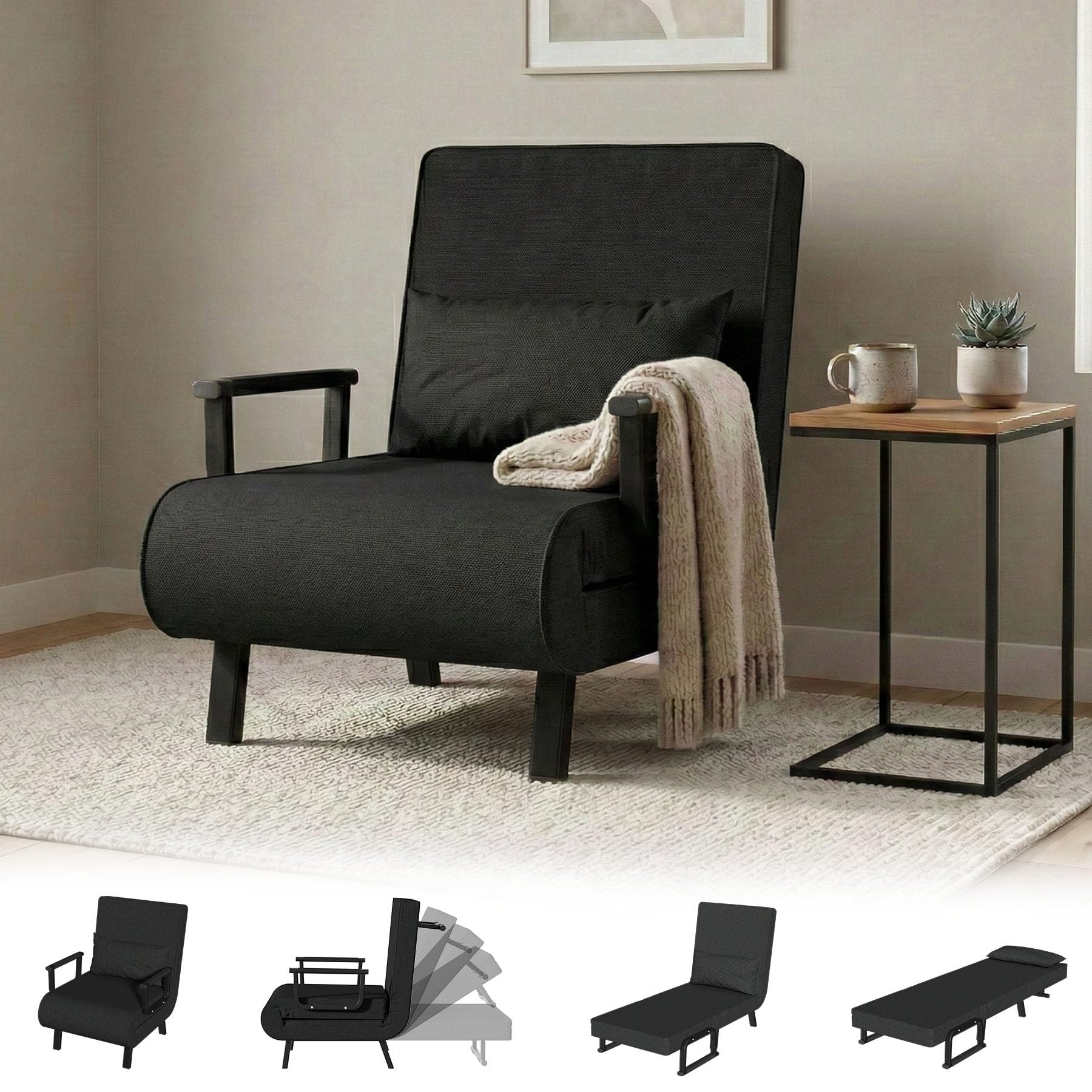 JMGJOY Single Sofa Bed Chair Folding 4-in-1 Multi-Functional Convertible Recliner Chair 6-Position Adjustable Backrest Foldable Memory Foam Metal Frame Guest Bed Max.180kg Sleeper Couch Pillow, Black