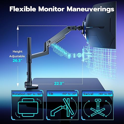 Miniatura 5 de ARES WING Soporte de escritorio con brazo para monitor único para monitores ultraanchos de 17 a 49 pulgadas, brazo de monitor único resistente con