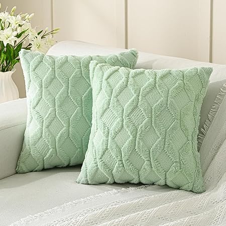 Volcanics Pack of 2 Faux Wool Throw Pillow Covers 20x20 Inches Decorative Farmhouse Velvet Couch Pillow Case Soft Plush Square Boho Cushion Pillowcase, Sage Green