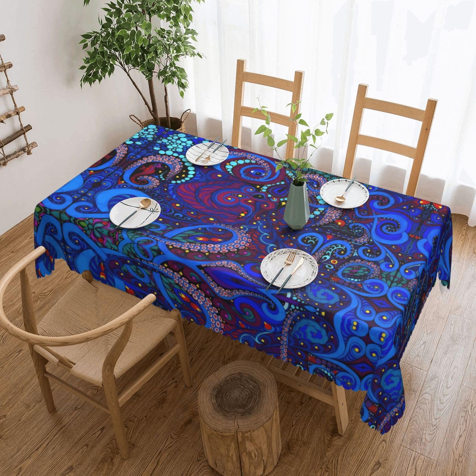 QAZWZML Blue Octopus Printed tablecloth, made of thick polyester with lace trim, suitable for dining rooms, picnics, and weddings