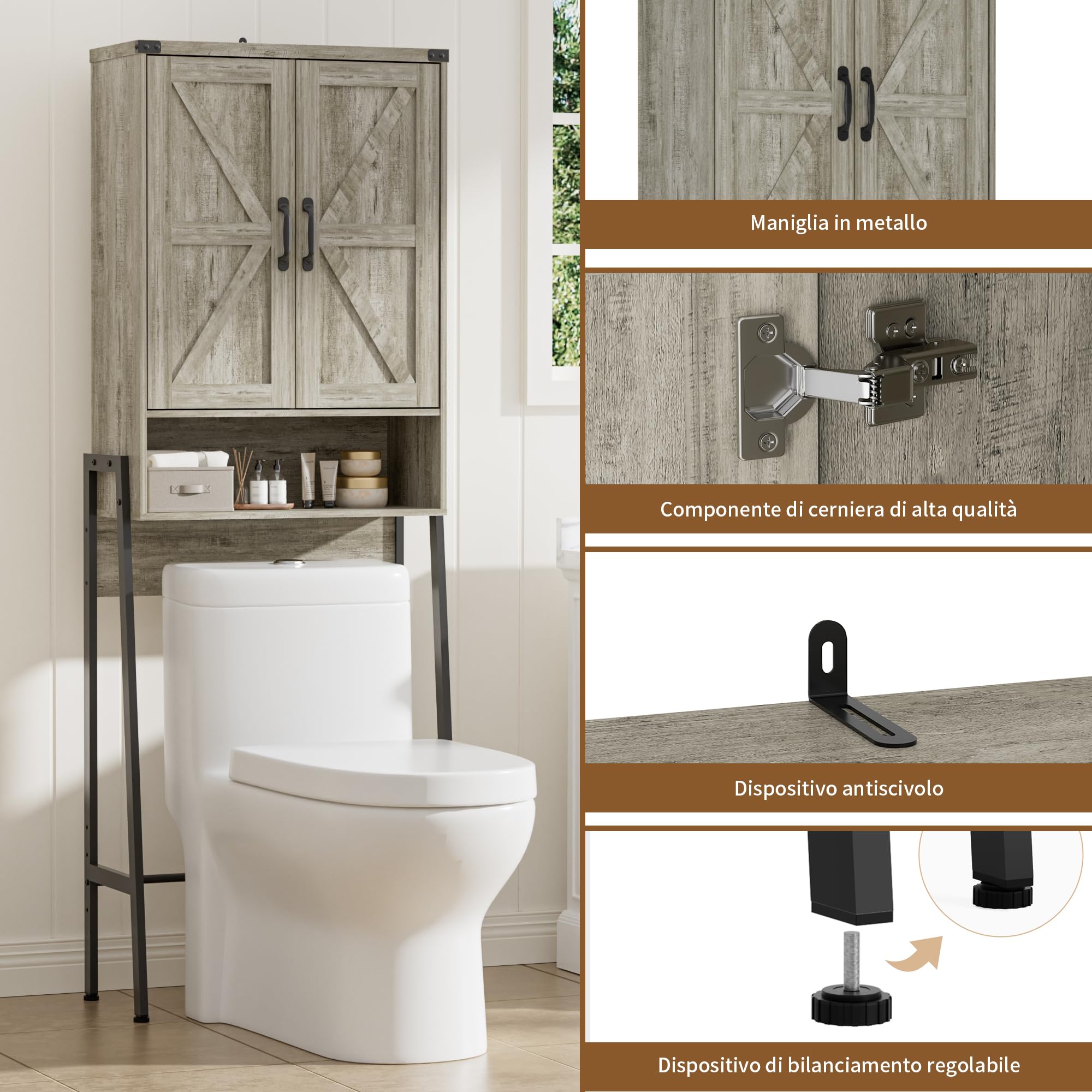 BonVache Mensola WC con ante da bagno con 6 ripiani, mensole per piccole lavatrici, armadietto per bagno, 171 x 59,6 x 25,3 cm, grigio