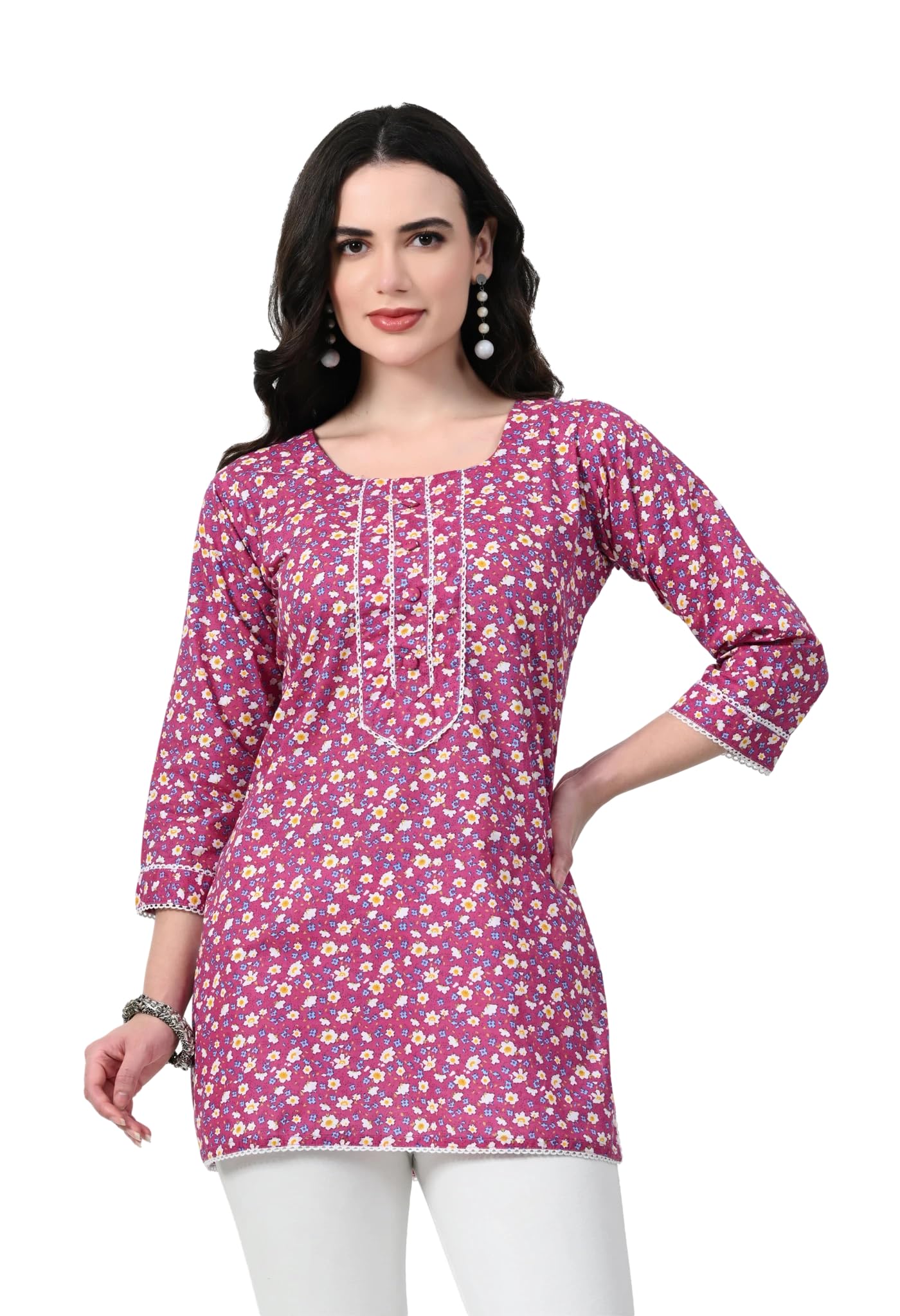 Jack & Jones Short Kurti for Women for Jeans, Pure Cotton Kurtis for Ladies, Jaipuri Round Neck Women's Tunic Design Kurta, Fancy Top Floral Kurtas & Tunics for Woman in neutral
