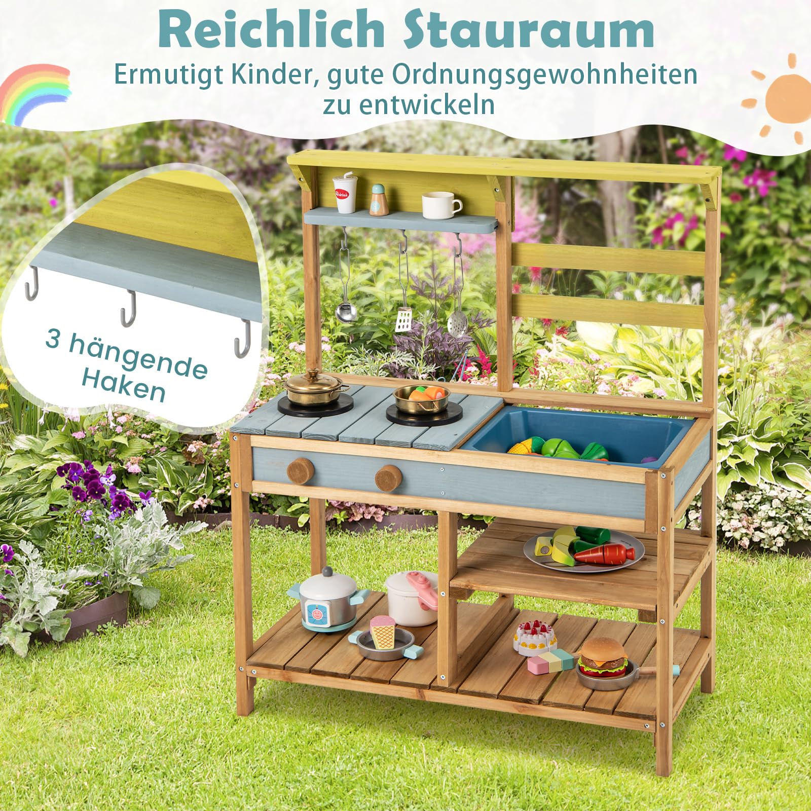 GOPLUS Matschküche Kinder Outdoor, Spielküche aus Holz mit Abnehmbarer Spüle & 3 Haken zum Aufhängen, Kinderküche mit Stauraum für den Garten, für Jungen & Mädchen ab 3 Jahren (Natur)