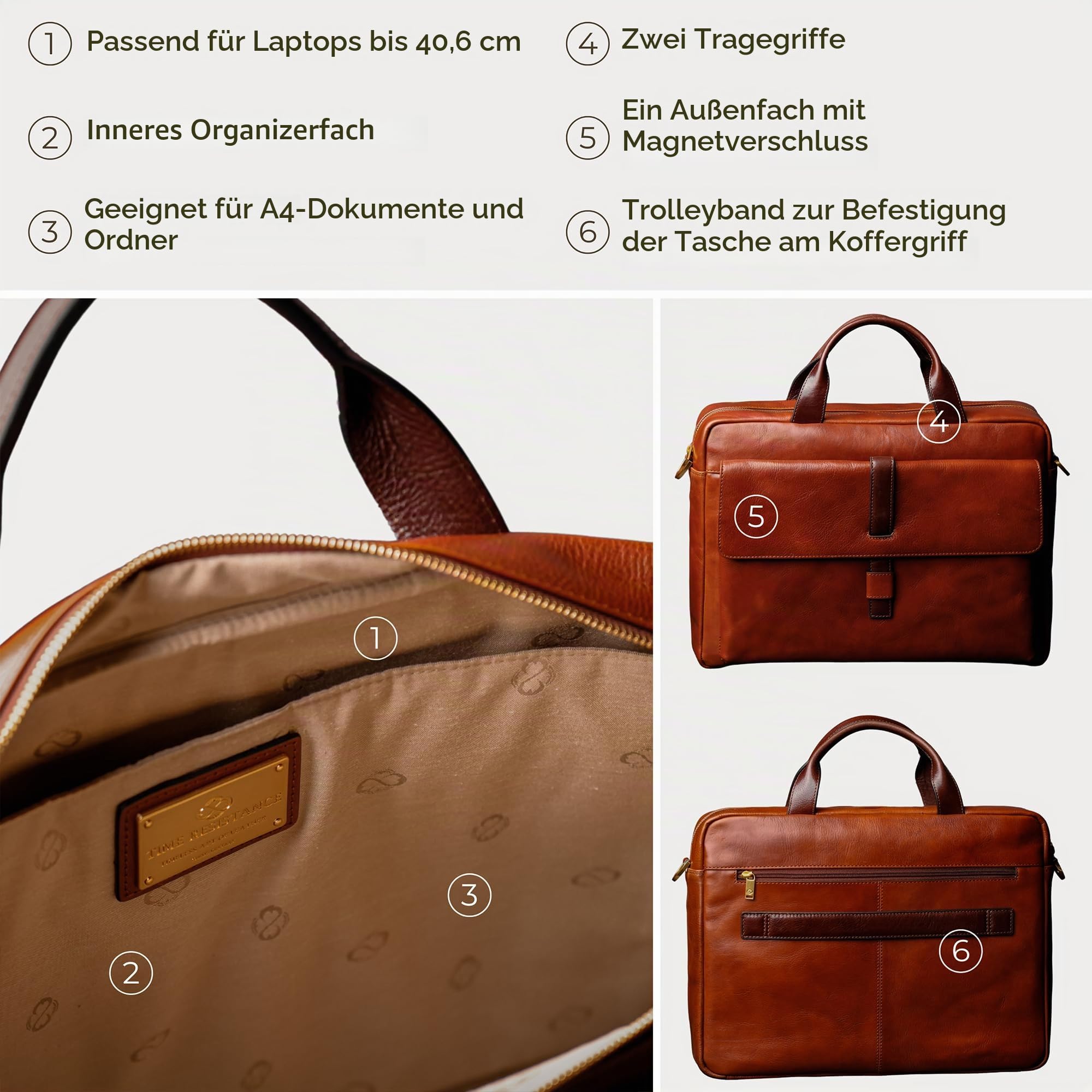 Time Resistance Leder Aktentasche - Italienische handgefertigte Laptoptasche aus Leder - Aktentasche für Männer und Frauen - Professionelle Aktentasche