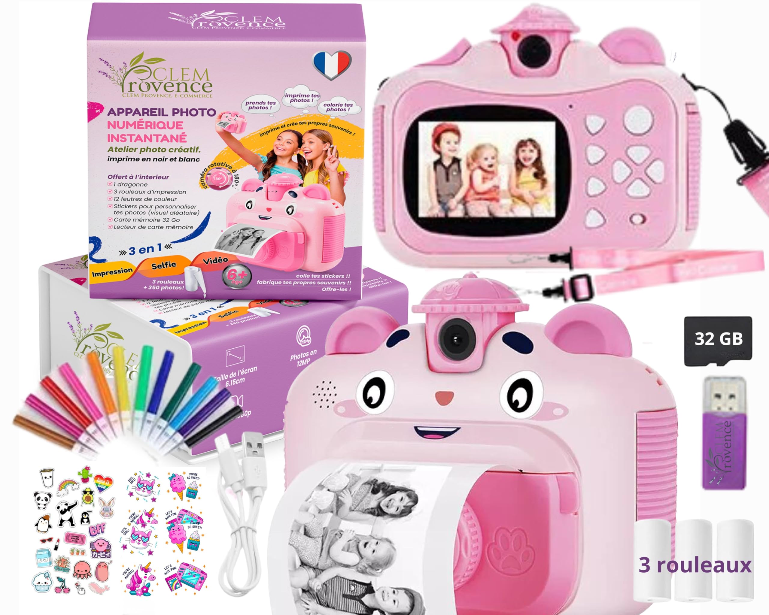 Appareil Photo Enfant Instantané Kawaii Ecran Couleur 12MP Photos Selfies Vidéos HD Carte 32 GB+Lecteur Carte+Rouleaux+Pack Art Créatif - Cadeau Fille