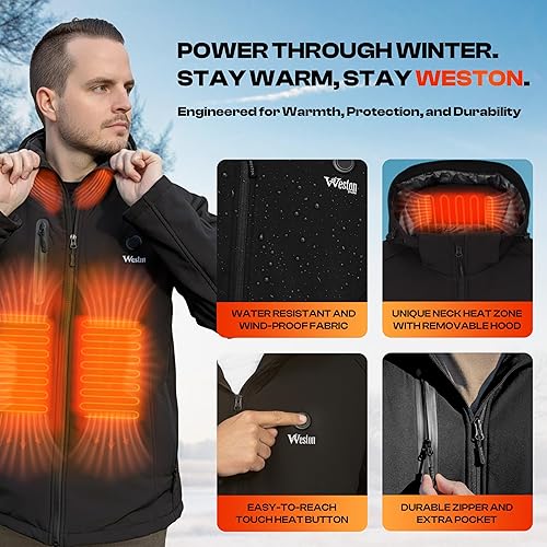 Miniatura 5 de WESTON Abrigo térmico para hombre, 4 zonas de calefacción, 7.4 V, batería recargable de 4800 mAh, 3 niveles de calor ajustables