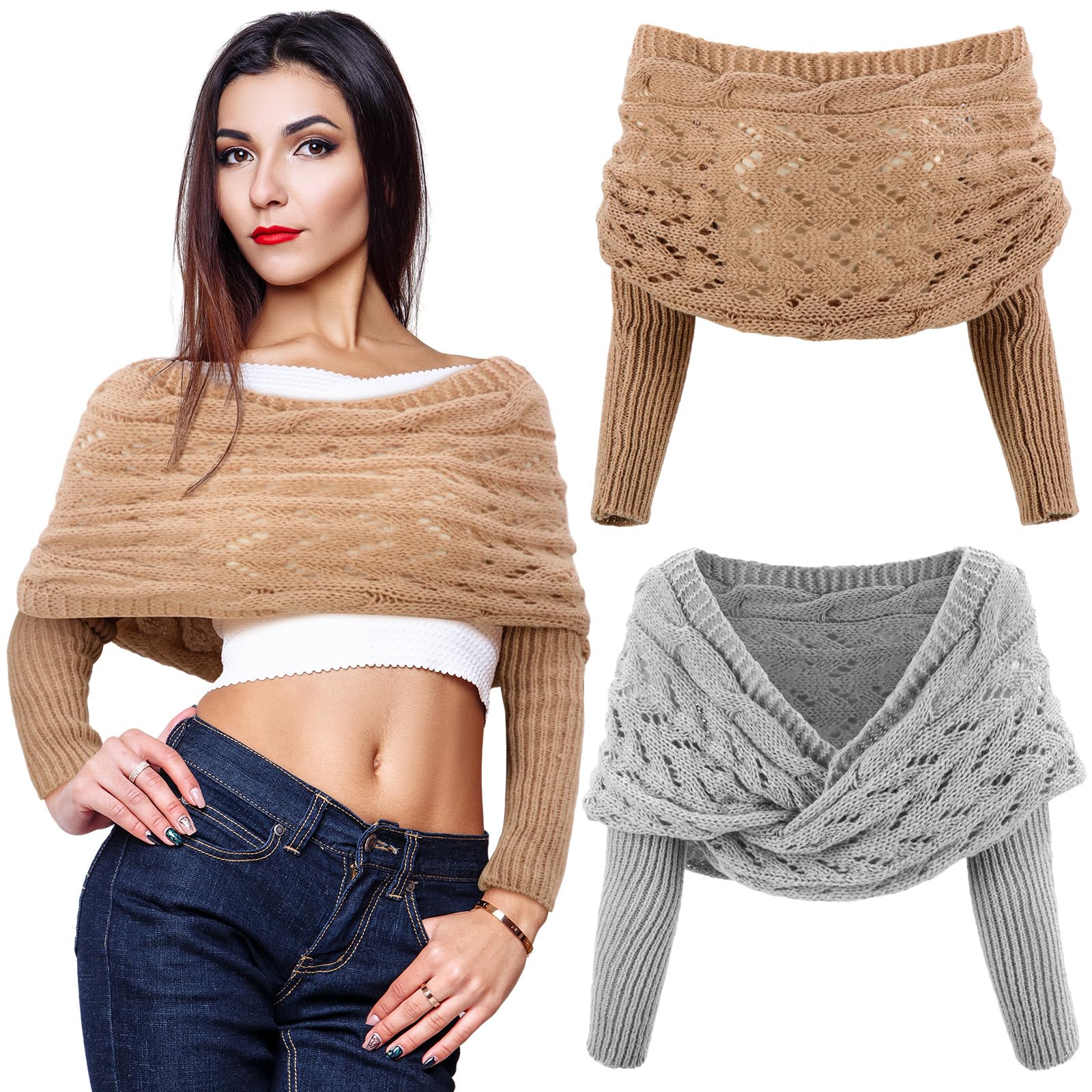 Geyoga 2 Pcs Scarf with Sleeves for Women Knitted Wrap Sweater Scarf with Sleeves Shrugs for Women Wrap Shawl