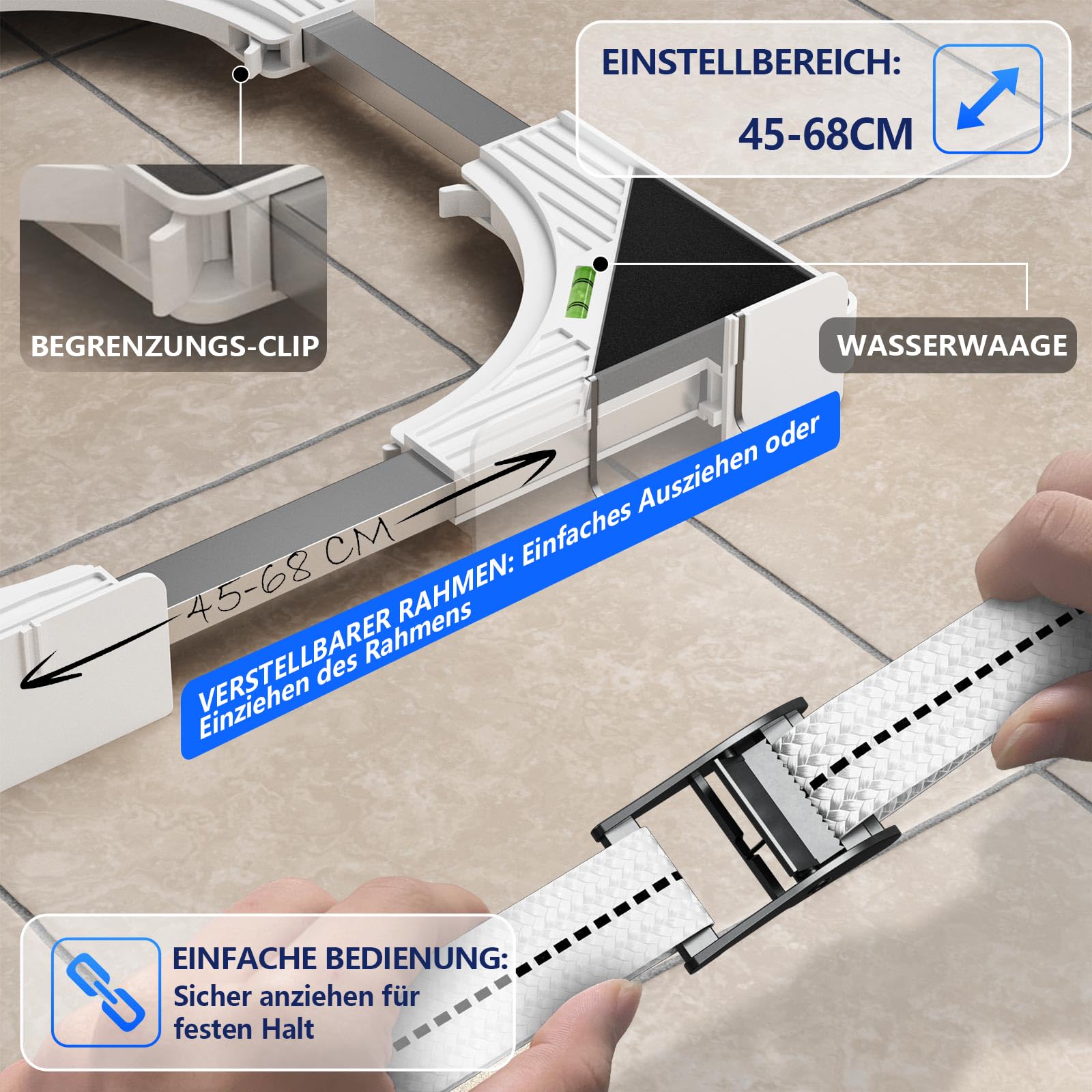 Slimline Waschtrockner-Stapelset, universeller ultradünner Rahmen für 45–68 cm Geräte, platzsparendes Design mit leichtem Aluminium-Ratschenriemen und 4 Multifunktionshaken (weiß)