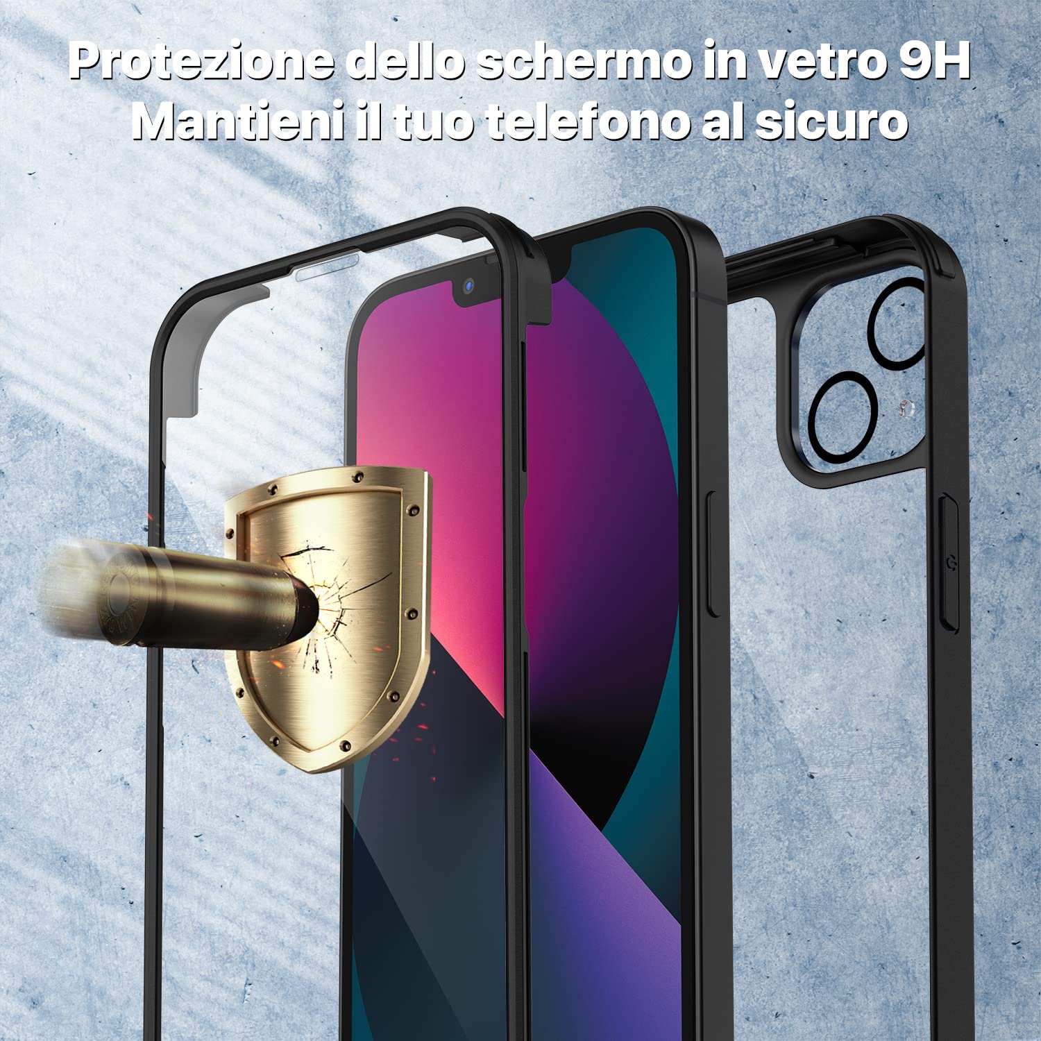 CENHUFO Cover iPhone 13, con Protezione Schermo Vetro Temperato Integrata e Pellicola Fotocamera [9H HD] 360 Gradi Antiurto Trasparente Case Fronte Retro Doppia Faccia Custodia per iPhone 13 -Nero