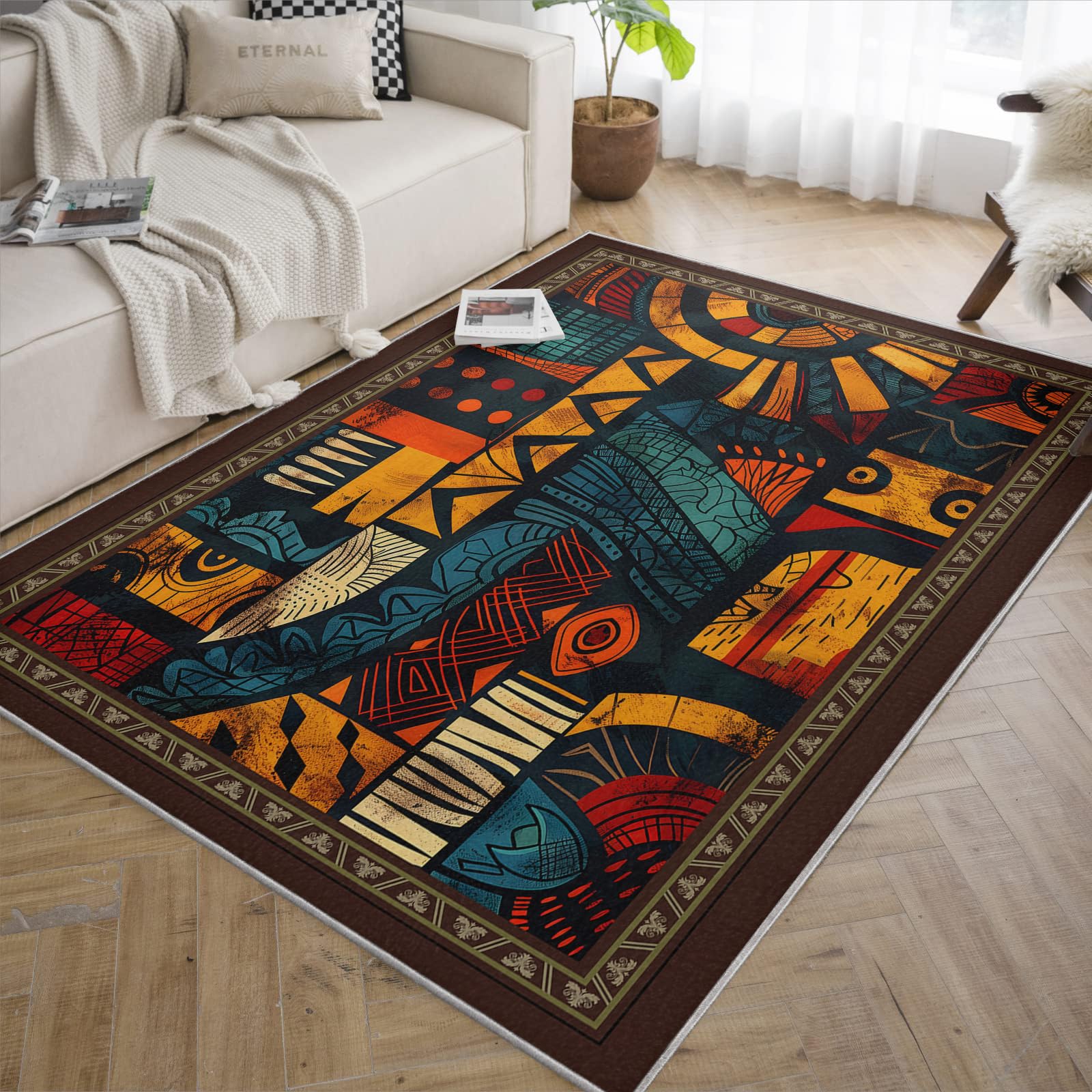 Waschbarer Teppich 140x200 Flächenteppiche für Wohnzimmer Kinderzimmer Primitive Tribal Kunst ultraweiche Kunstwolleteppiche rutschfeste und Nicht abfallende Teppiche mit niedrigem den