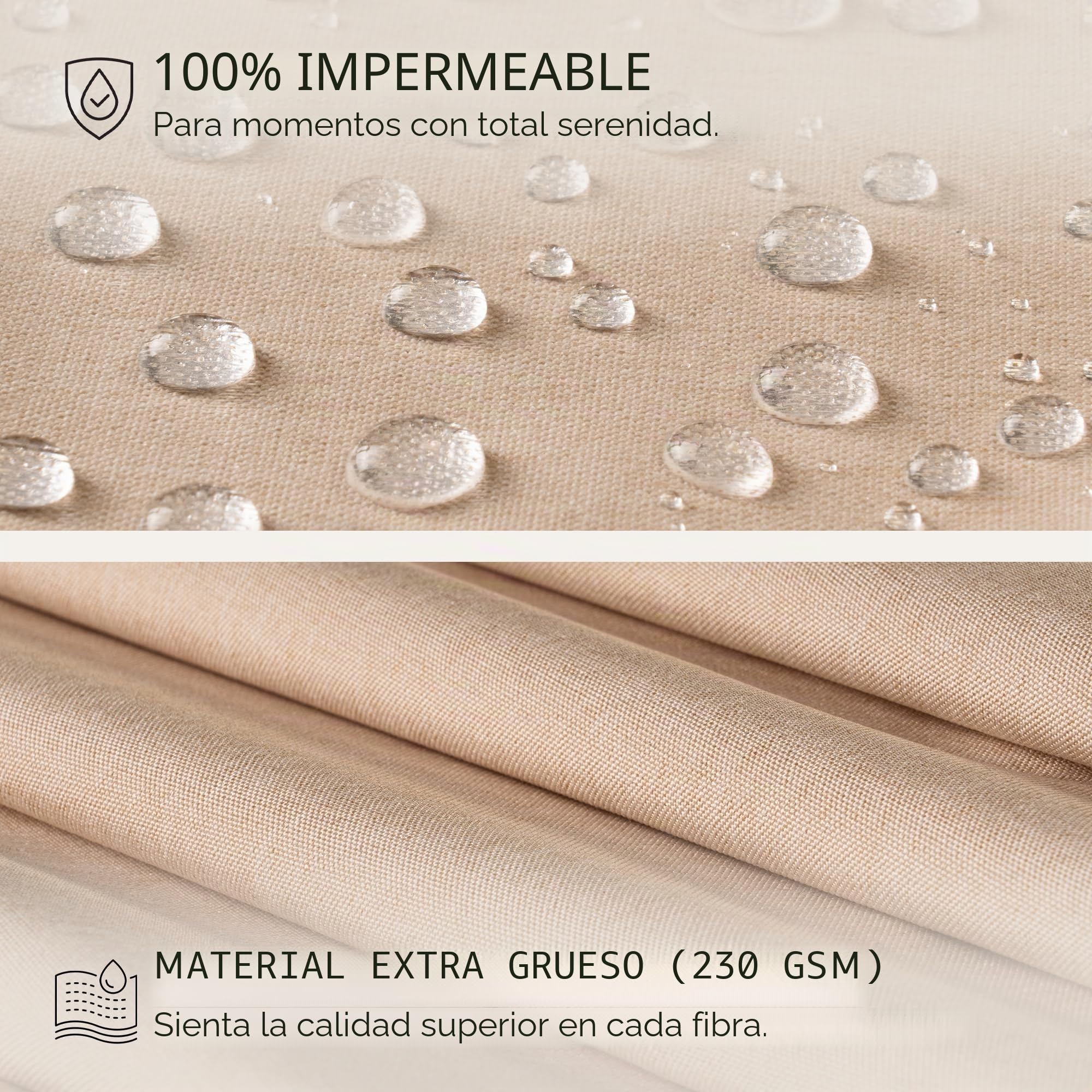 Cortina de ducha de textura de lino de alta calidad, 180 x 180 cm, impermeable y antimoho, lavable, dobladillo con pesos, con ojales, color beige