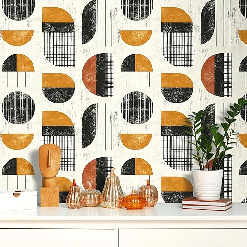 Miniatura 8 de Livelynine Papel tapiz geométrico retro para despegar y pegar, negro, beige, mostaza, amarillo, naranja, mediados de siglo, moderno, papel tapiz de