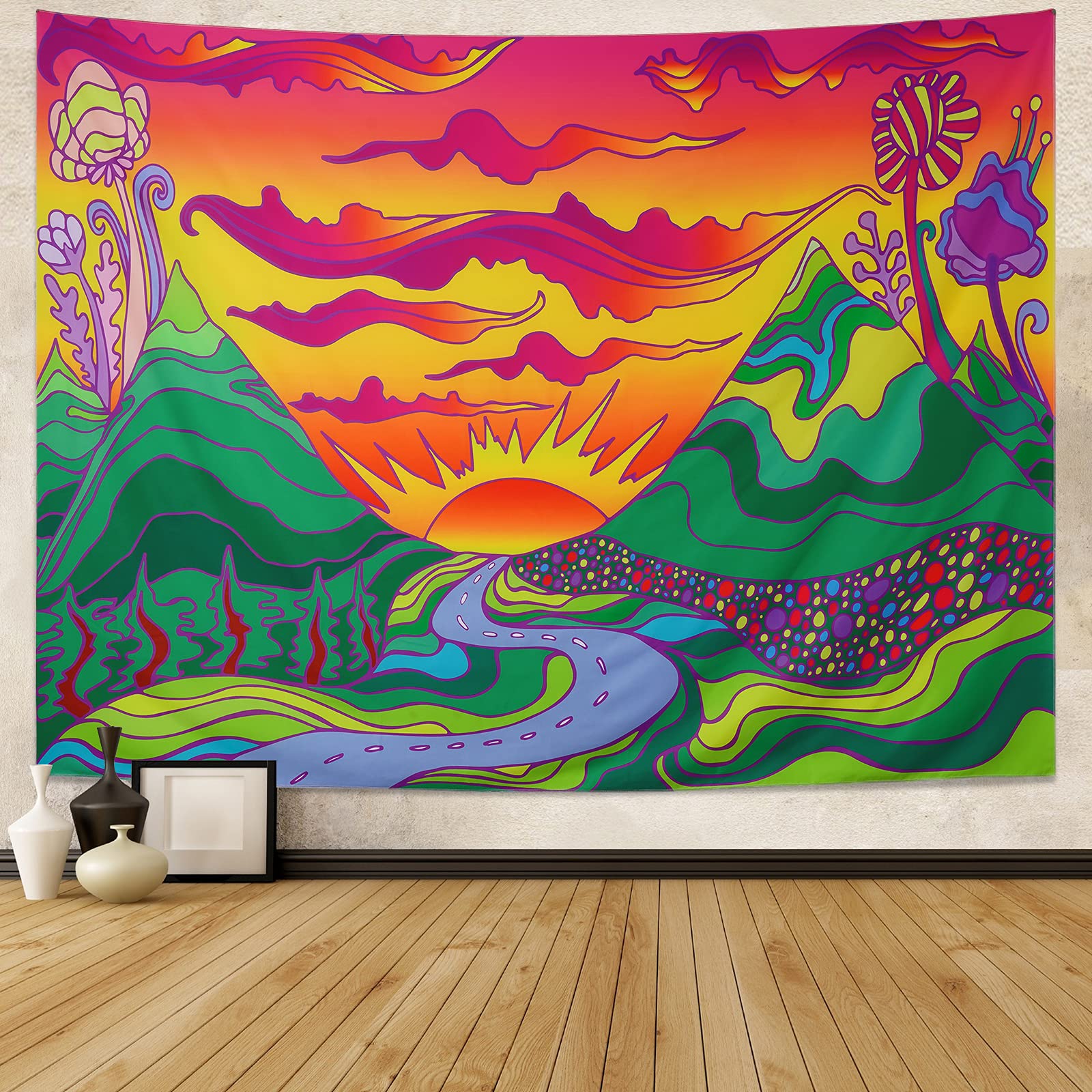 Pocass Mountain Sunset Tapestry Colorful Sun Mountain Aesthetic Tapestry Wall Hanging Nature Landscape Wall Tapestries for Bedroom (48 x 63 Inches)