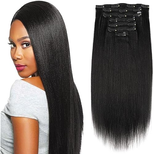 Sassina Brazilian Italian Yaki Straight Clip on Human Hair Extensions Real Remy Hair 14inch Double Weft Clip in Hair Extensions 7 Pieces/Set 120 Grams for African American Black Women