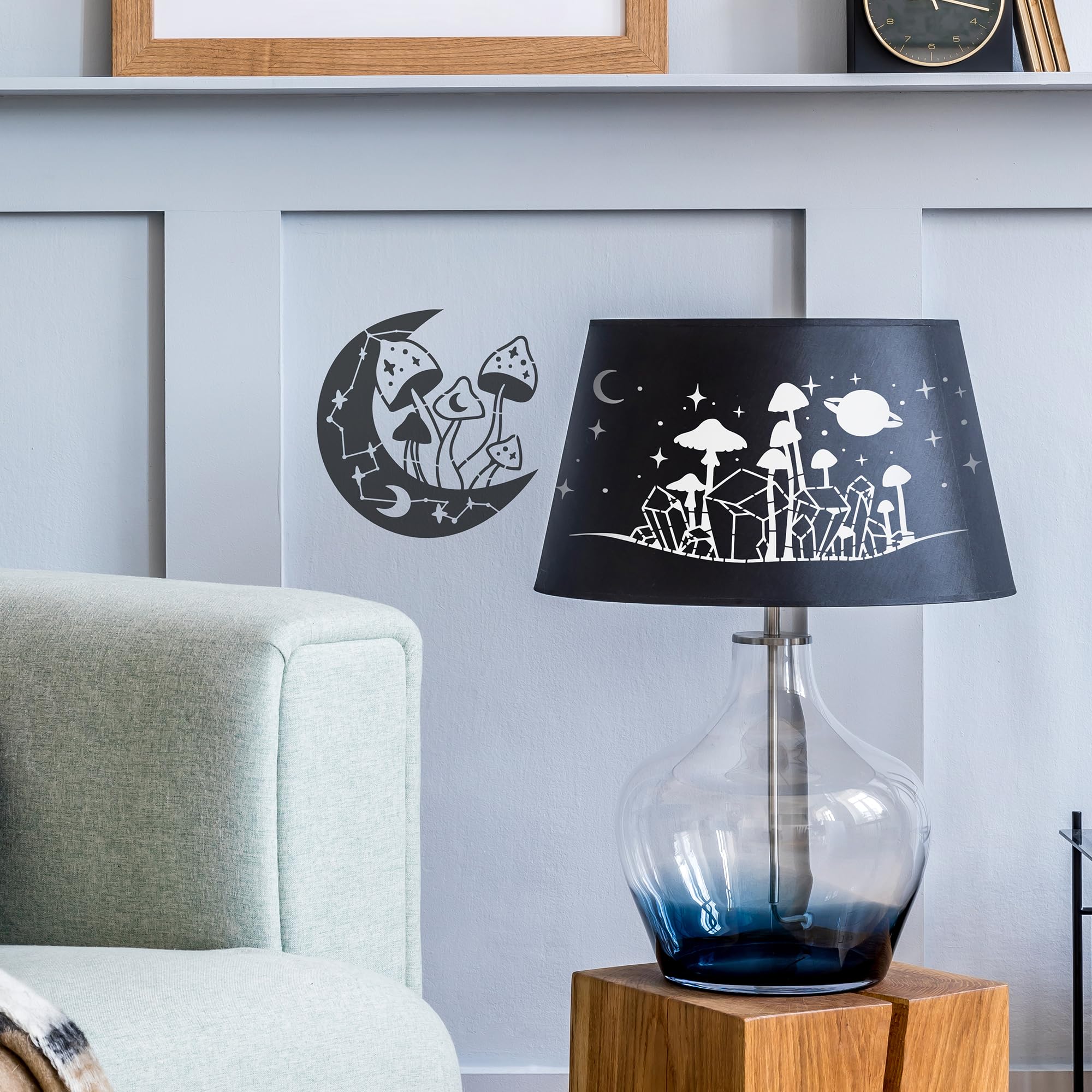 Keluna Plantillas de hongos para pintura, 18 piezas de arte bohemio, 12 pulgadas, plantilla de dibujo de fase de luna creciente reutilizable para pared de madera, lienzo, decoración del hogar