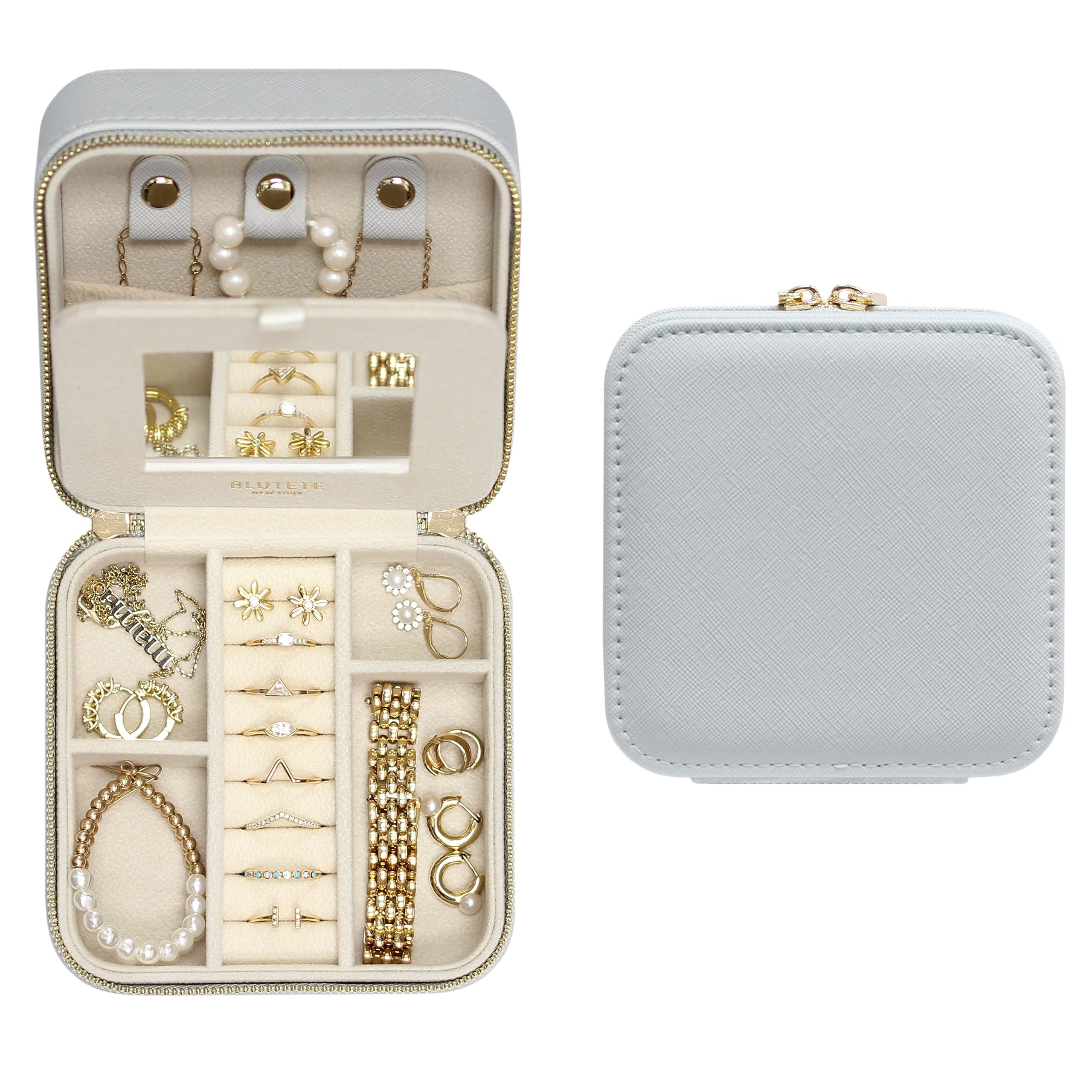 Reise-Schmuckschatulle aus Saffiano-Leder mit Spiegel | tragbare Schmucktasche mit Reißverschluss | mehrere Fächer Schmuck-Organizer für Frauen | Beliebtes Geschenk Schmuckschatulle Ringe