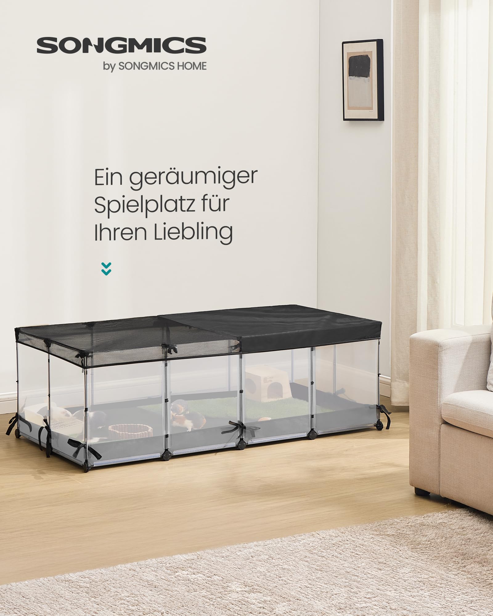 SONGMICS Kleintiergehege, halbtransparente Platten, atmungsaktiv, wasserresistentes Gewebe unten, Kaninchenstall innen, Meerschweinchen Käfig, Frettchen, 144 x 74 x 47 cm, wolkenweiß LPC015W01