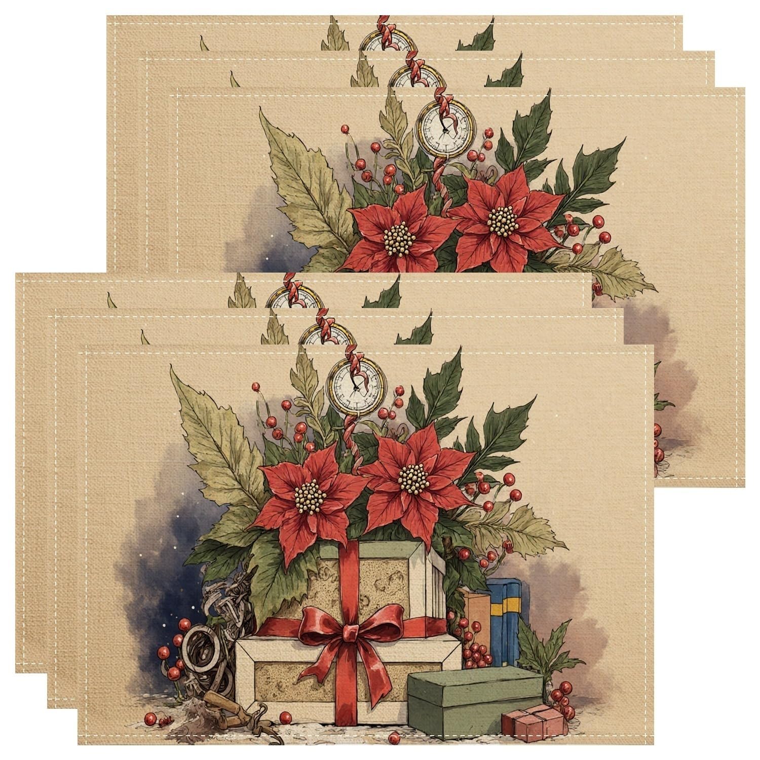 Christmas Poinsettia Placemats, Vintage Floral Place Mats for Dining Table, Holiday Non-Slip Washable Indoor Outdoor Party Decorative Placemat Set of 6
