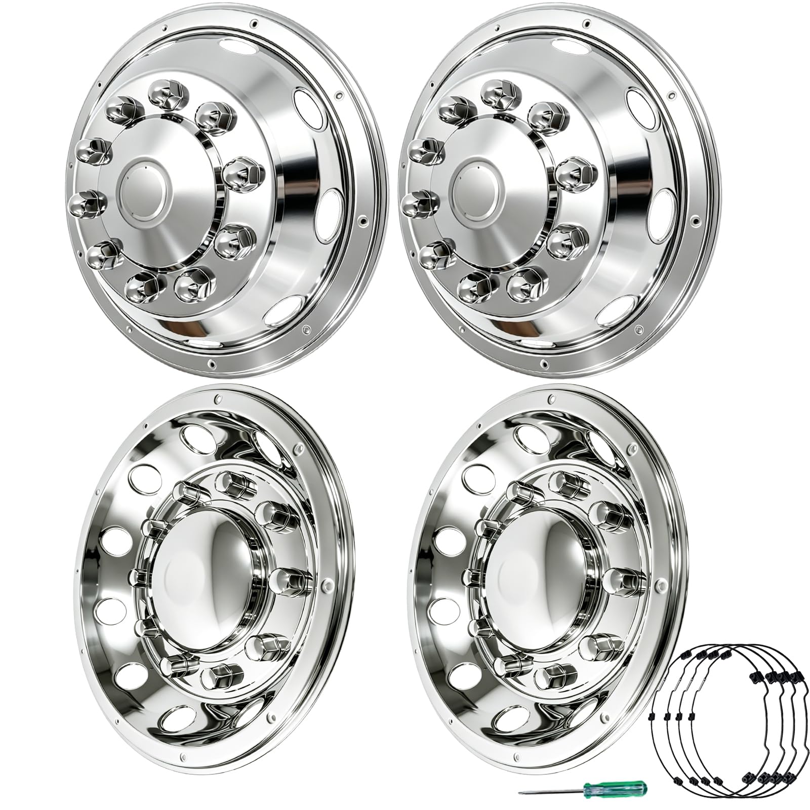 hightall 22.5" Wheel Simulators,Stainless Steel Hubcaps,Polished Surface,2 Front+2 Rear Wheel,Locking Ring Installation Wheel Cover Set Compatible with US Single Rear Axle Semi Truck 4 Wheels