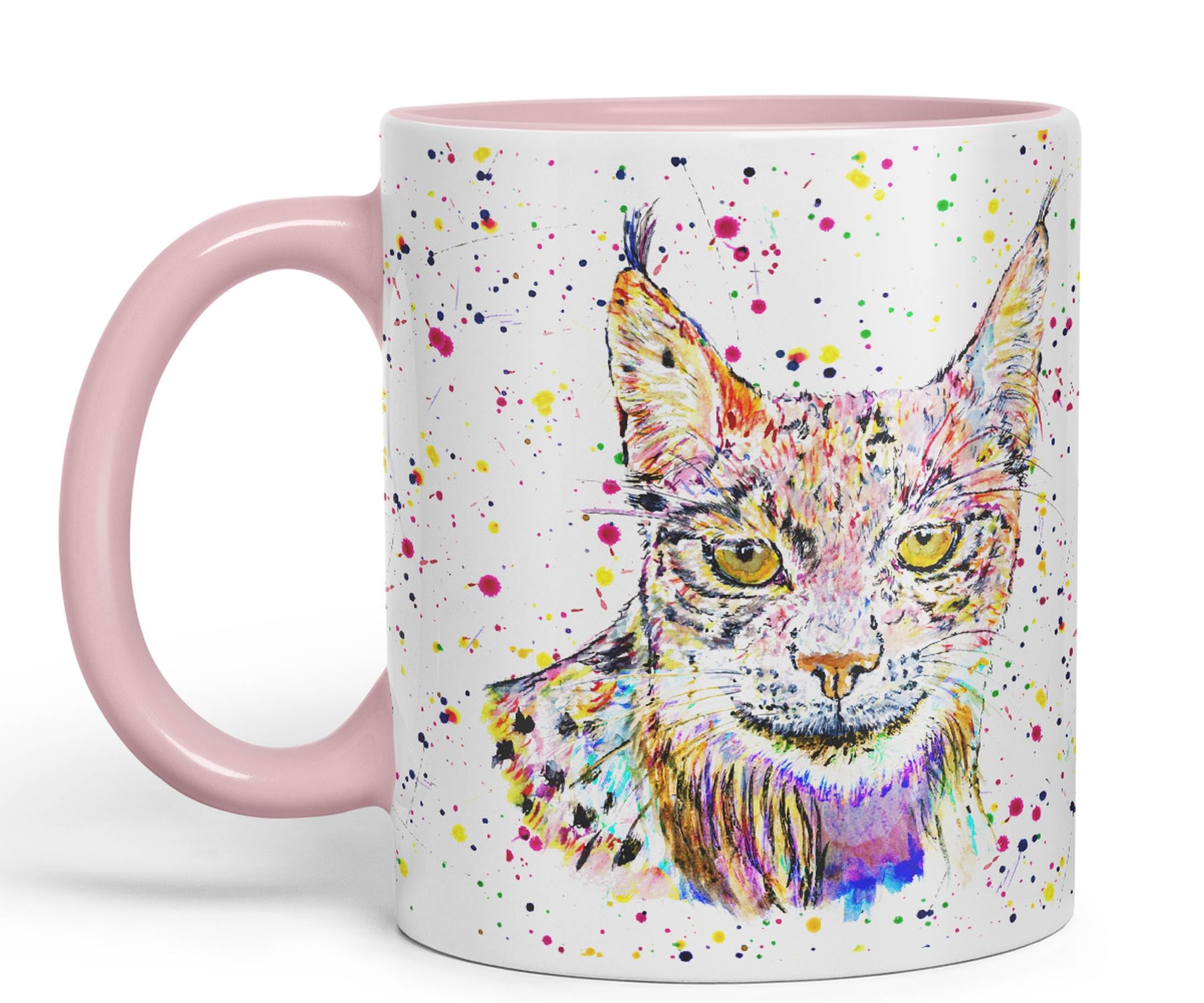 Vixar Lynx Cat Animal Watercolour Art Coloured 330 ml Mug Cup Gift Birthday Work Office Tea Coffee (Pink)