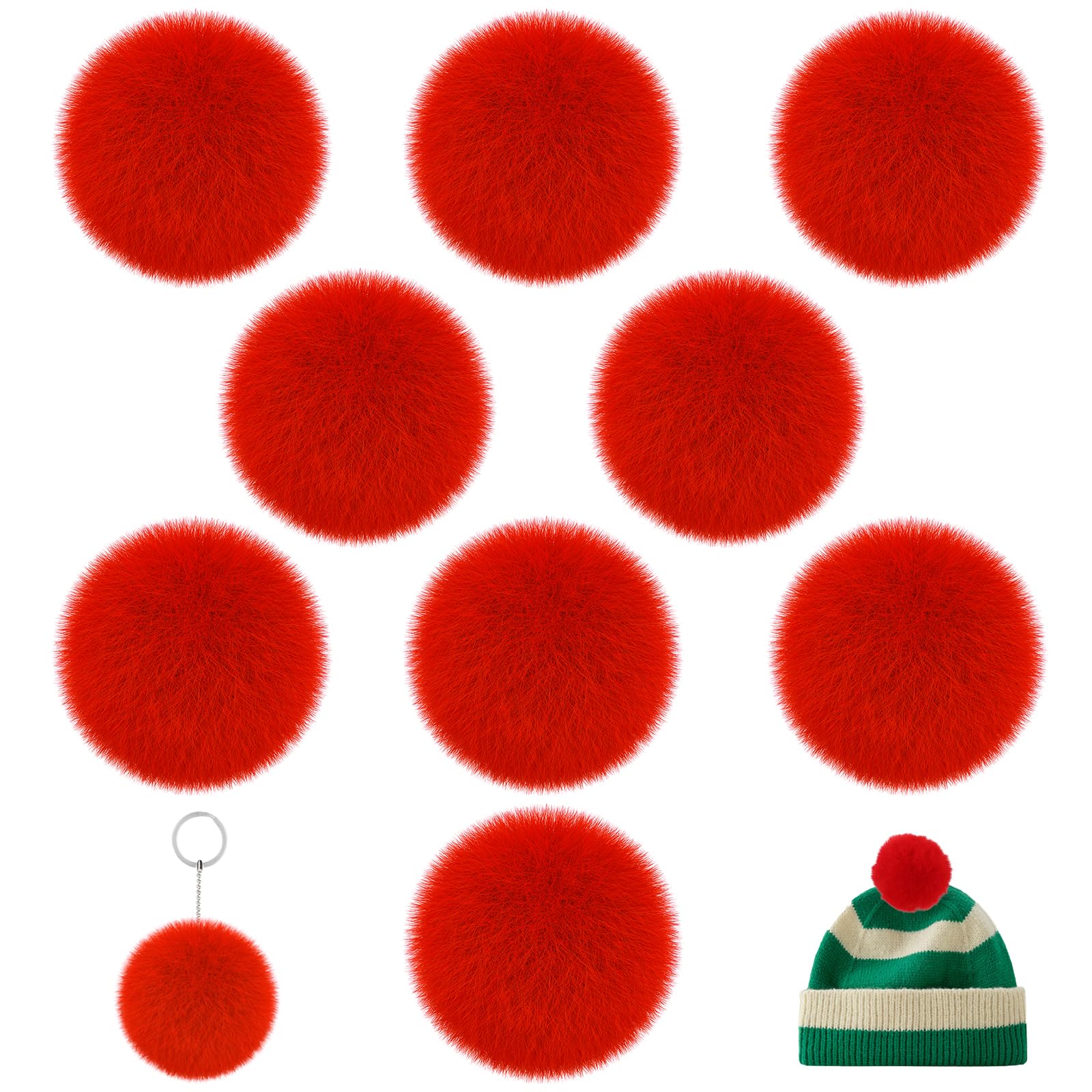 Nexlynk 9 Pack Faux Fur Pom Poms 8cm Fluffy Pom Pom Balls with Elastic Loop for Hats Knitting Accessories Scarves Gloves Bags DIY Craft Decoration Red