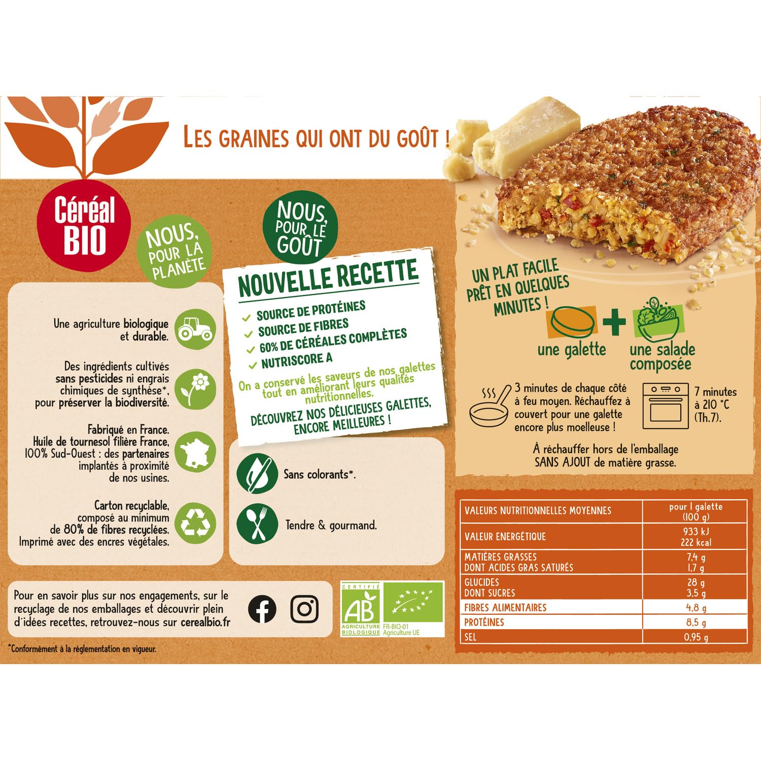 CEREAL BIO Galettes Boulghour Parmesan et Tomates Confites Bio 2x100g — Plat Végétal Prêt à Réchauffer, Fabriqué en France, Certifié Bio et Nutriscore A - Lot de 3