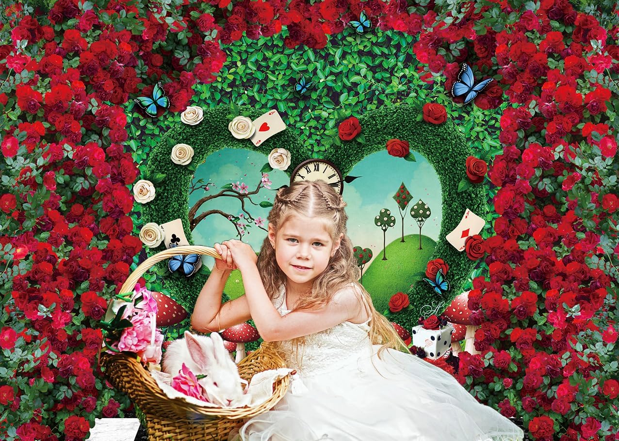 Wonderland Backdrop for Photography 10x8FT Red Rose Wonderland Tea Party Decorations Green Leaf Fairy Tale Background Kids Baby Shower Newborn Portrait Photo Props