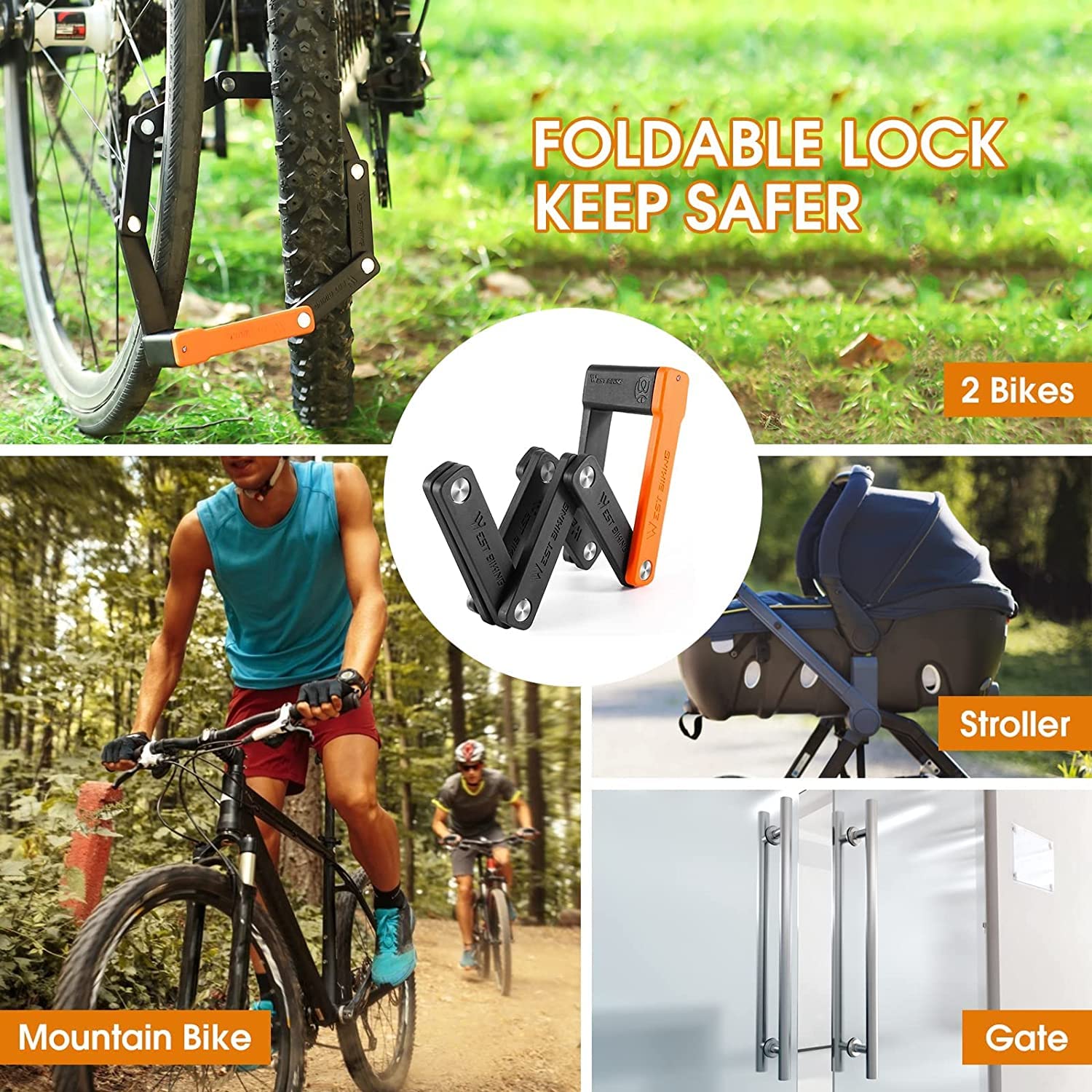 Lucchetto Pieghevole Compatto per Bicicletta, antifurto, con Catena di Sicurezza per Bicicletta, con Staffa per Bici elettriche/Scooter, con 3 Chiavi (Nero, 63 cm)