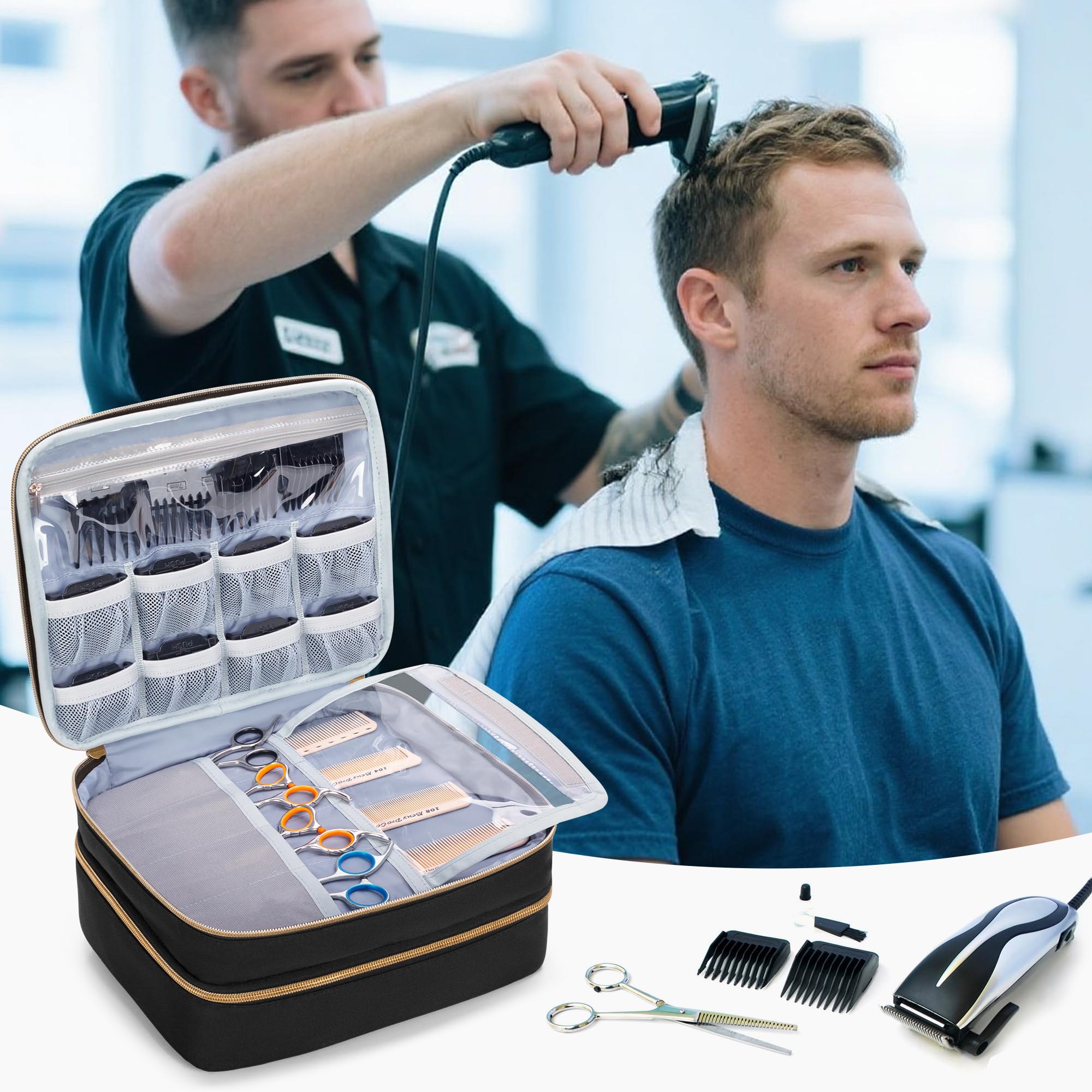 CURMIO Sac Double Couche pour Tondeuse à Cheveux, Étui de Transport Compatible avec SUPRENT, Hatteker, Wahl, GLAKER et la Plupart des Tondeuse Standard et Accessoires de Coiffure, Noir