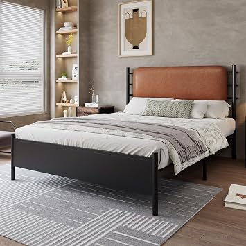 ModernLuxe Metal Double Bed with PU Upholstered Headboard, 4FT6 Bed Frame for Adults and Teenagers, Sturdy Wrought Iron Construction, Black Iron and PU, 135 x 190 cm