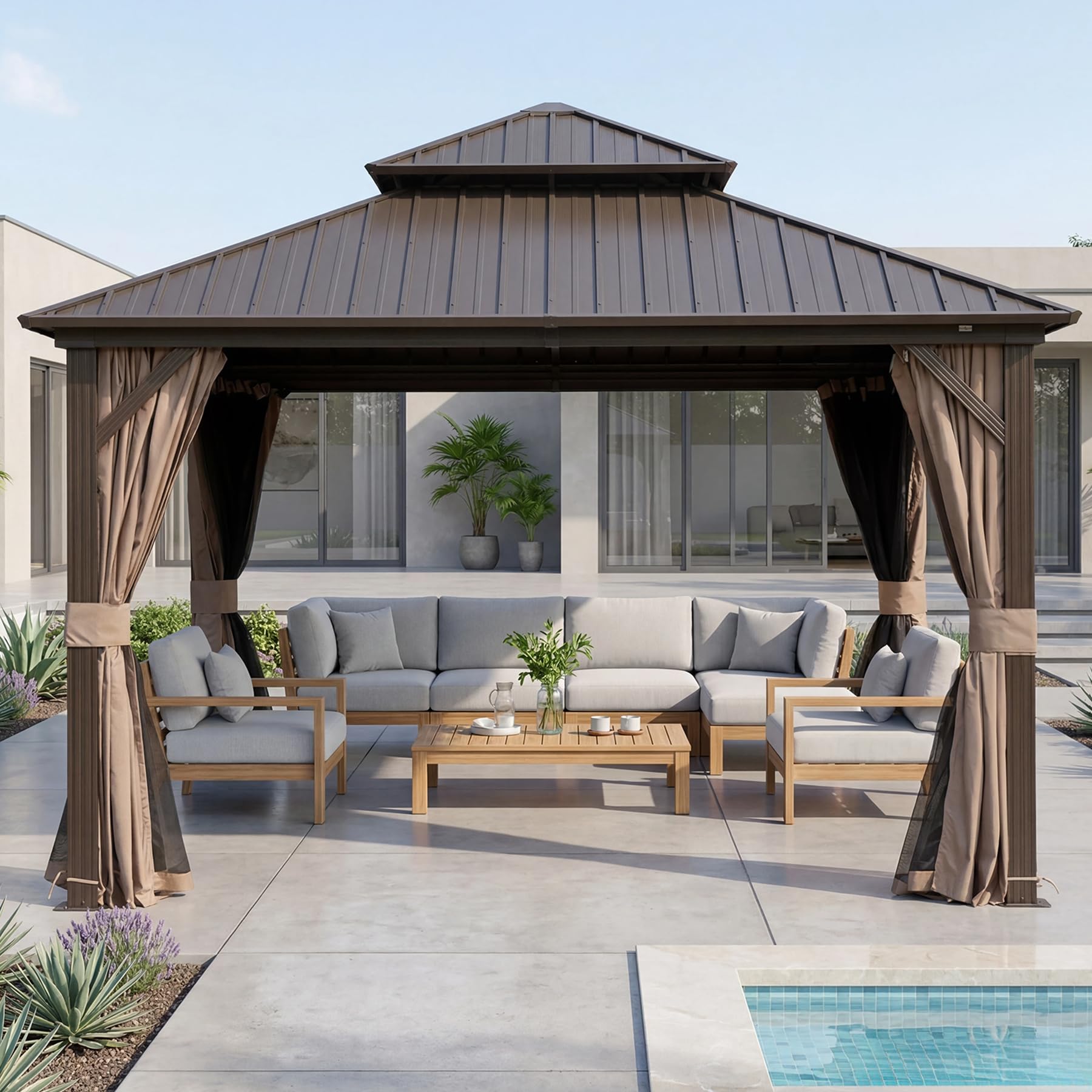 Domi 10x10 Gazebo with Curtain and Netting in Dark Brown