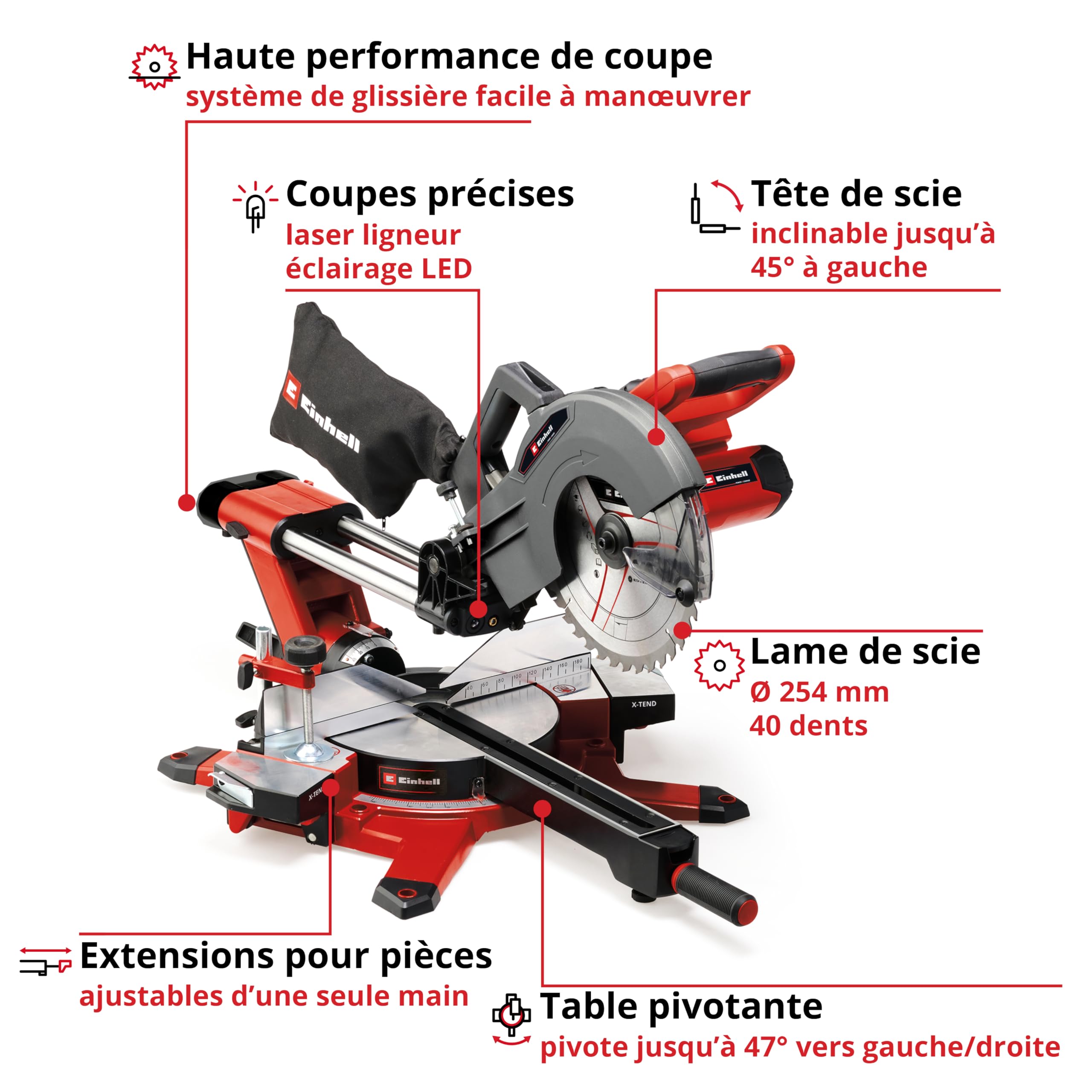 Einhell TE-SM 36/10 L Li-Solo Scie à onglet coulissante sans fil 36 V lame 254 mm 3800 tr/min laser ligneur