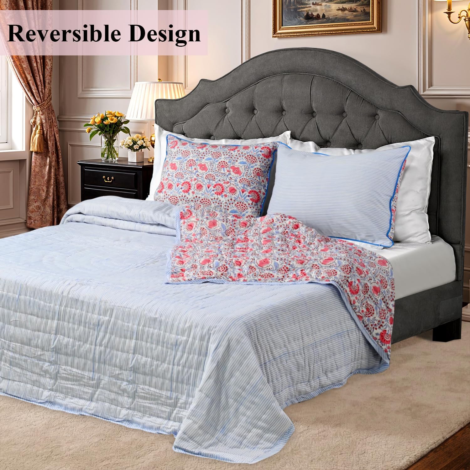 Ridhi Block Print Reversible Cozy Quilt Pigeon Blue & Flamingo Pink Queen 90" x 96" Lightweight Blanket for Sofa, Couch, Bed Soft Breathable Comforter Handmade Bedspread Duvet for Farmhouse