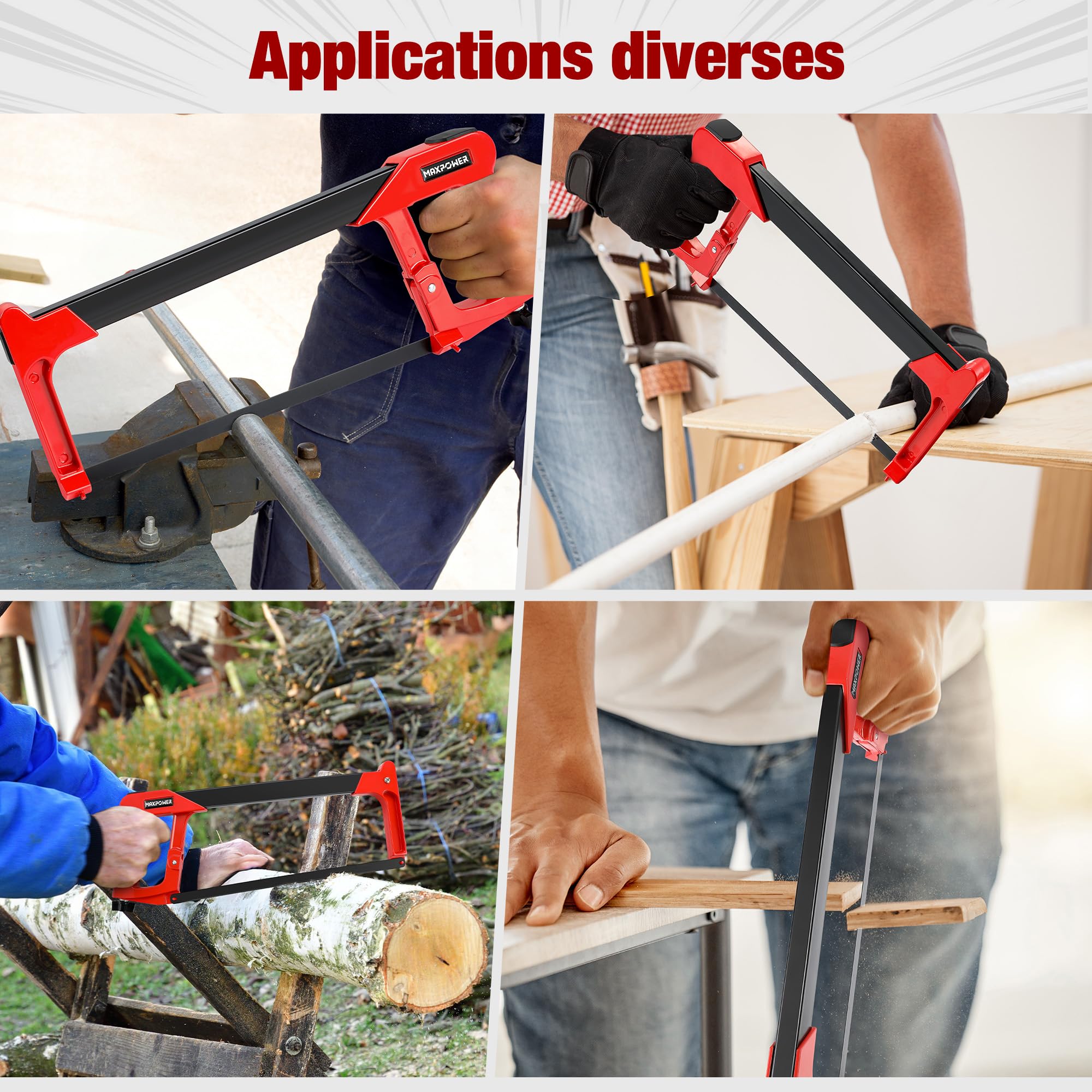 MAXPOWER Scie à Métaux 300 mm, Scie à Main avec 10 Lames de Rechange, 45°/90°, Métal, Bois, Acier, Tuyau PVC, Plastique, Professionnelle