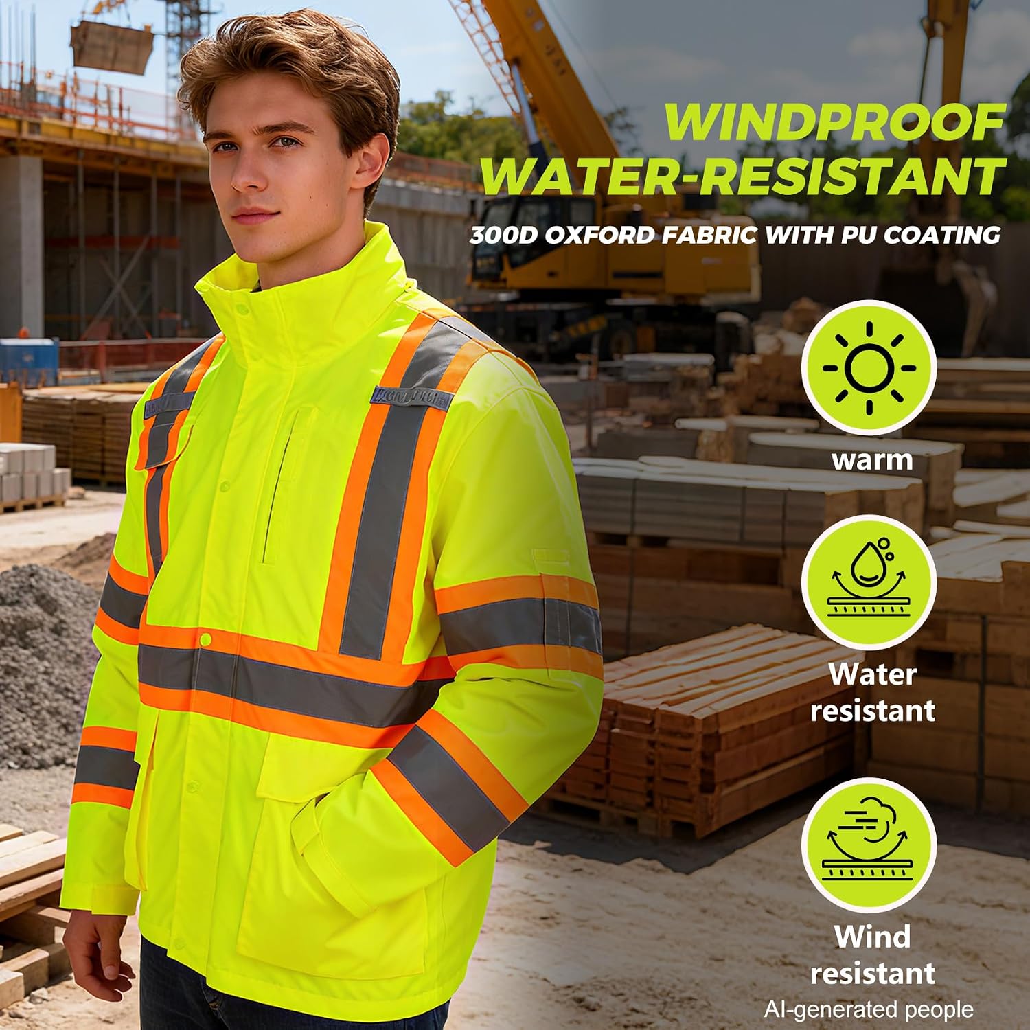 VENDACE 3 in 1 Hi Vis Reflective Safety Jackets for Men Waterproof Class 3 High Visibility Work Jacket with Padded Liner