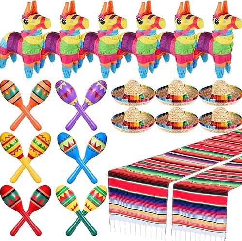 Libima 26 piezas de decoración mexicana para fiestas, incluye 6 piñatas de burro, 12 maracas grandes para fiestas, 2 caminos de mesa de serape disponible en Yaxa Colombia