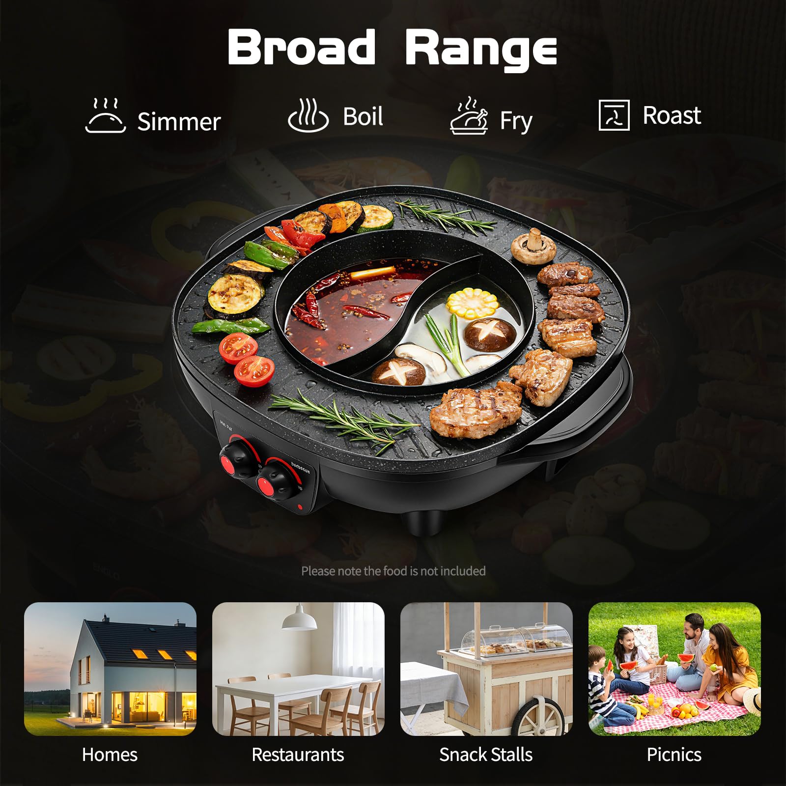 2 in 1 Hot Pot Küche Multifunktions BBQ Elektro Hotpot Ofen Rauchfreie Grillpfanne Grillmaschine (2000W+2000W)