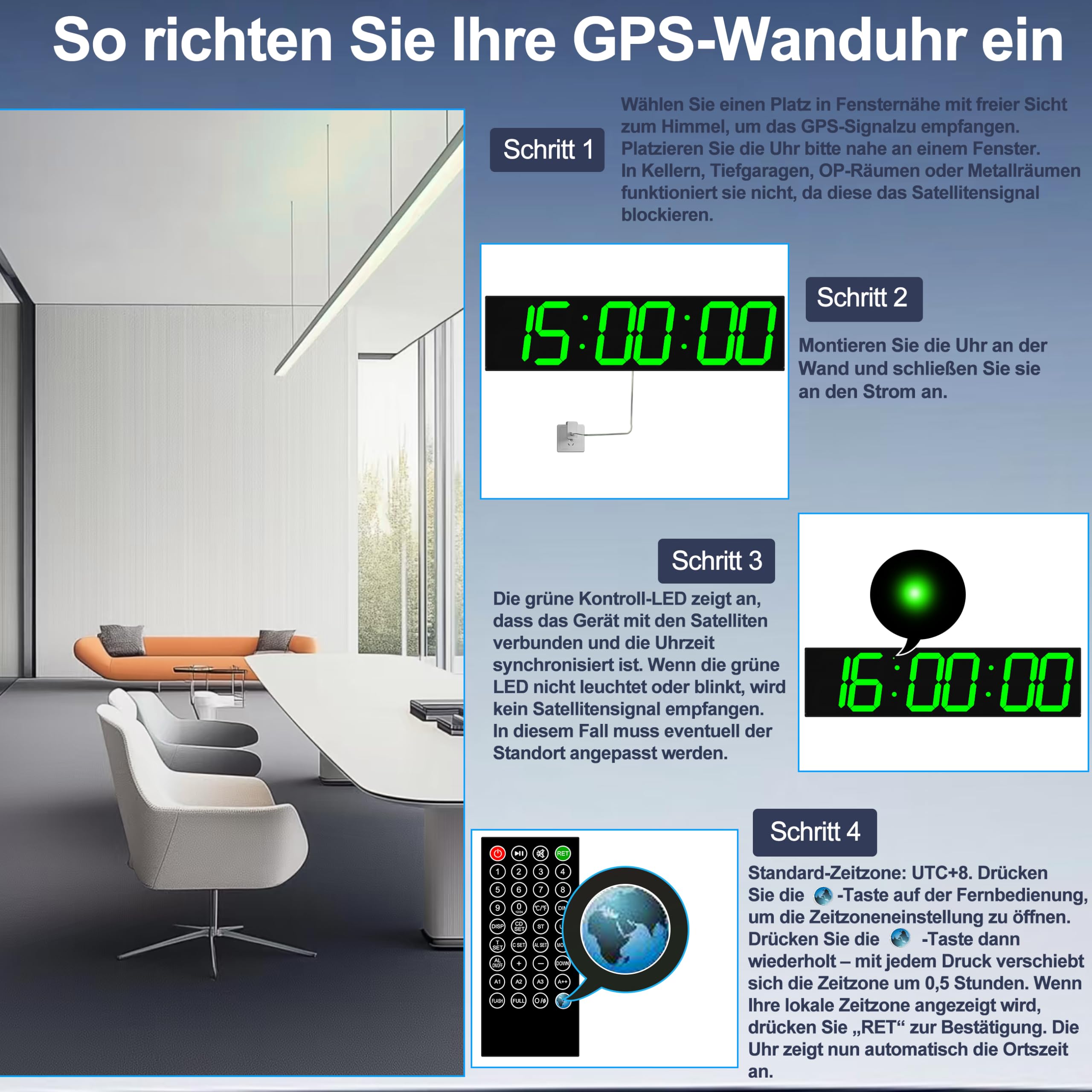 CHKOSDA Orologio da parete digitale da 28 pollici con sincronizzazione automatica GPS, numeri LED massicci da 15 cm, misurazione precisa del tempo, telecomando, timer, data e temperatura, per palestra