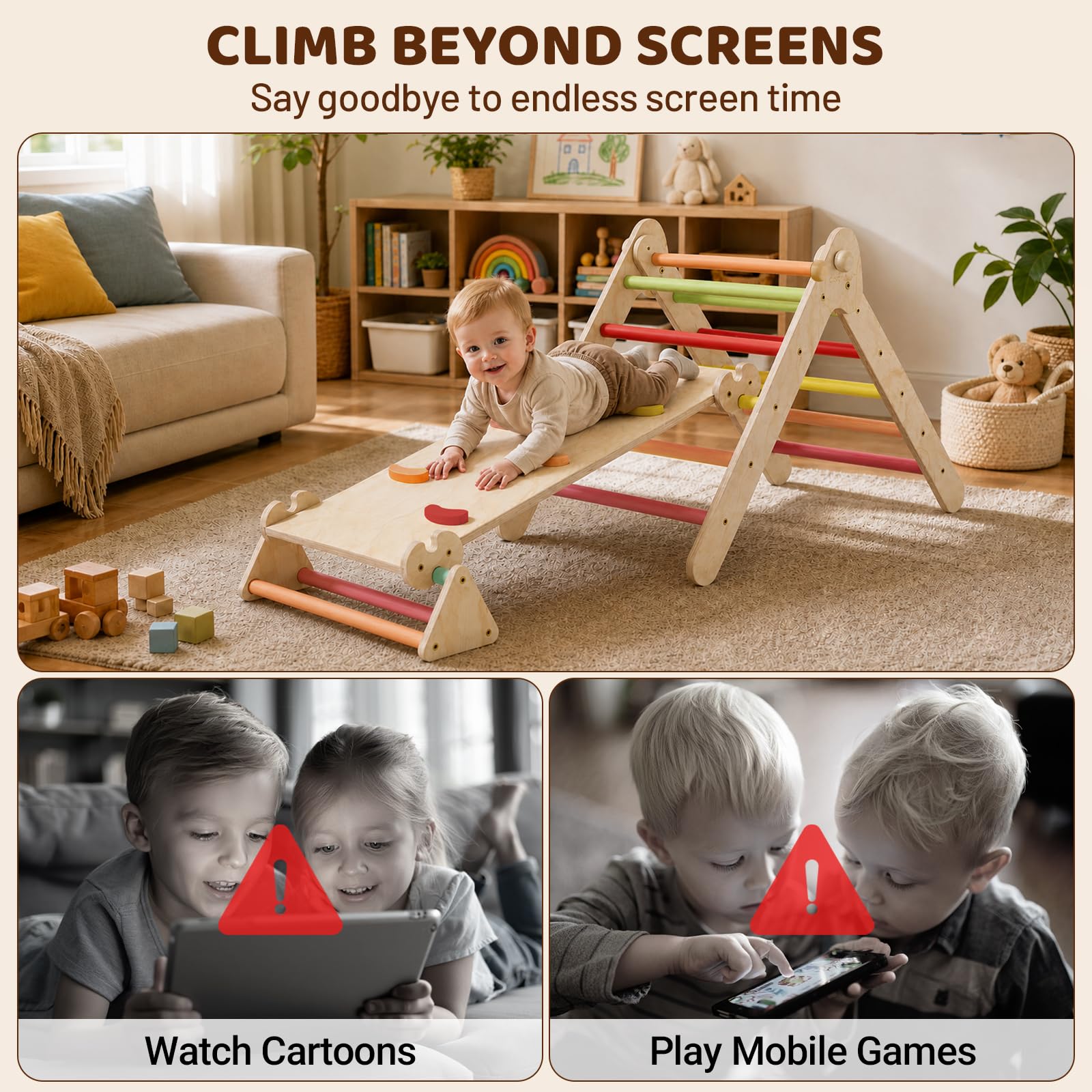 COSYLAND Triangolo da Arrampicata Montessori con Arco e rampa, Set Pieghevole per Bambini, Giocattolo in Legno Resistente per Interni, Bambini da 18 Mesi a 6 Anni