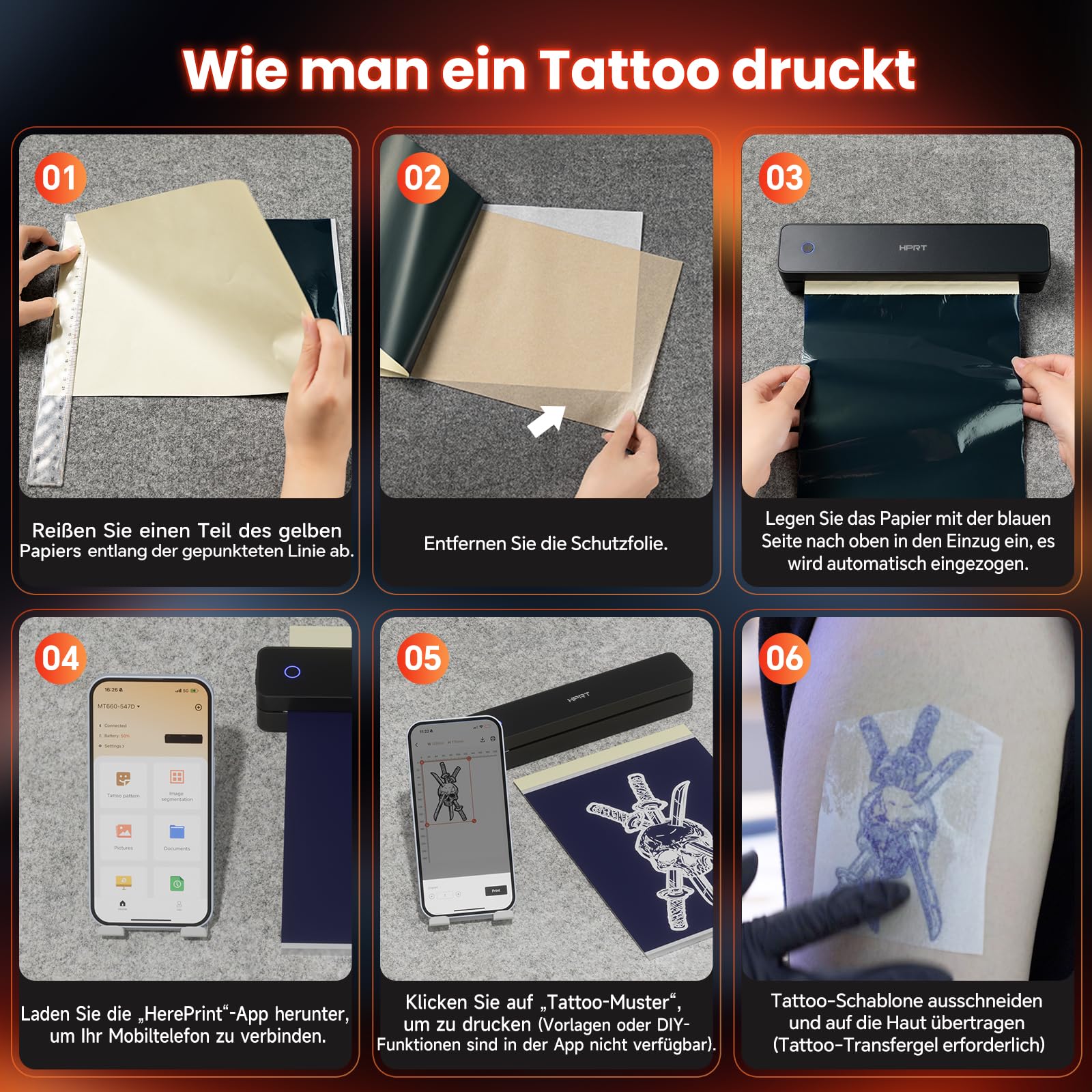 HPRT Tragbarer Bluetooth-Thermo-Tattoo-Aufkleber – Kabelloser Tattoo-Schablonendrucker mit 10 Blatt Druckpapier, DIY-Temporär-Tattoos für Tätowierer und Anfänger, wiederaufladbar über USB