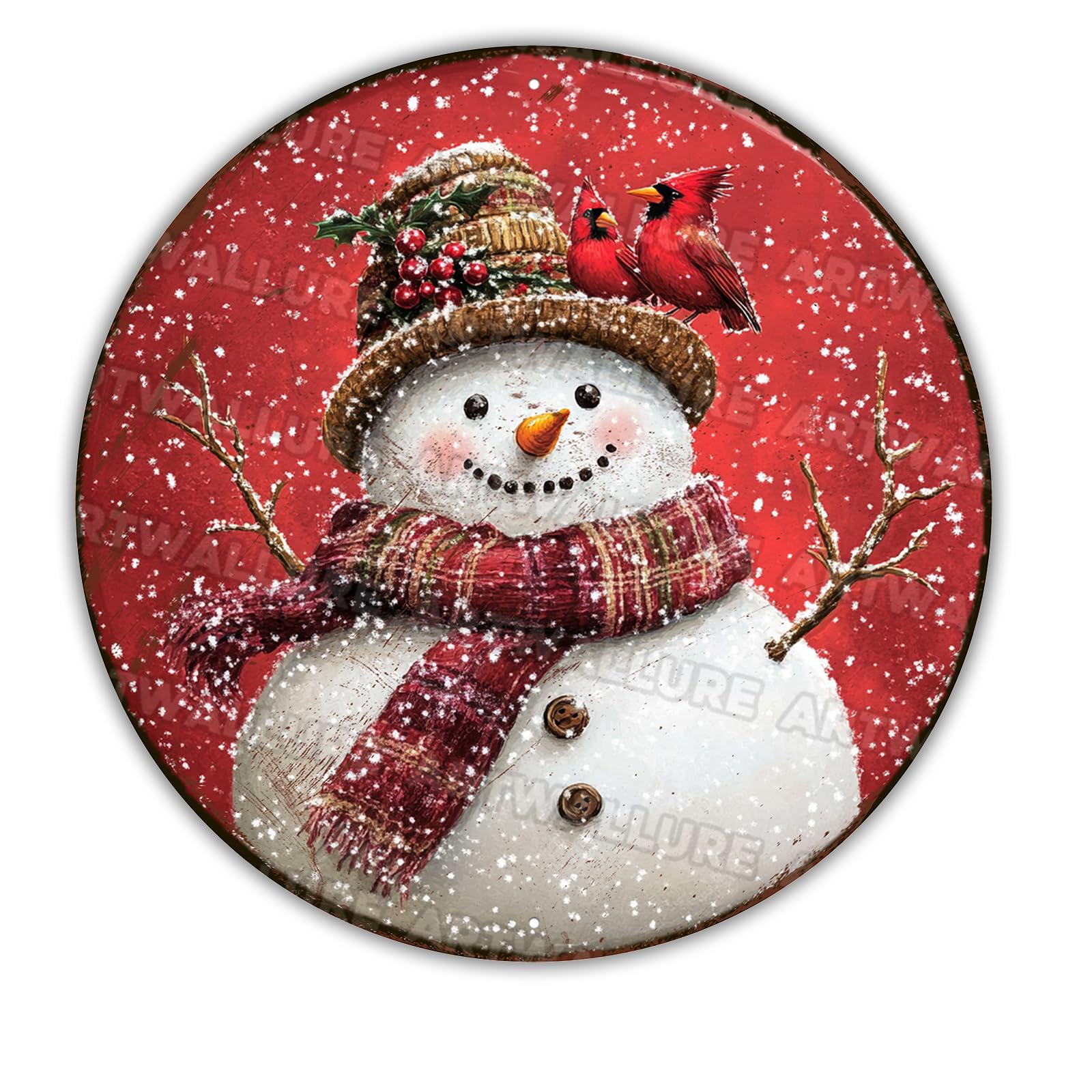 Vintage Snowman and Red Bird Wreath Sign - Christmas Round Aluminum Decor for Front Door, Porch and Indoor Holiday Displays 12x12Inch