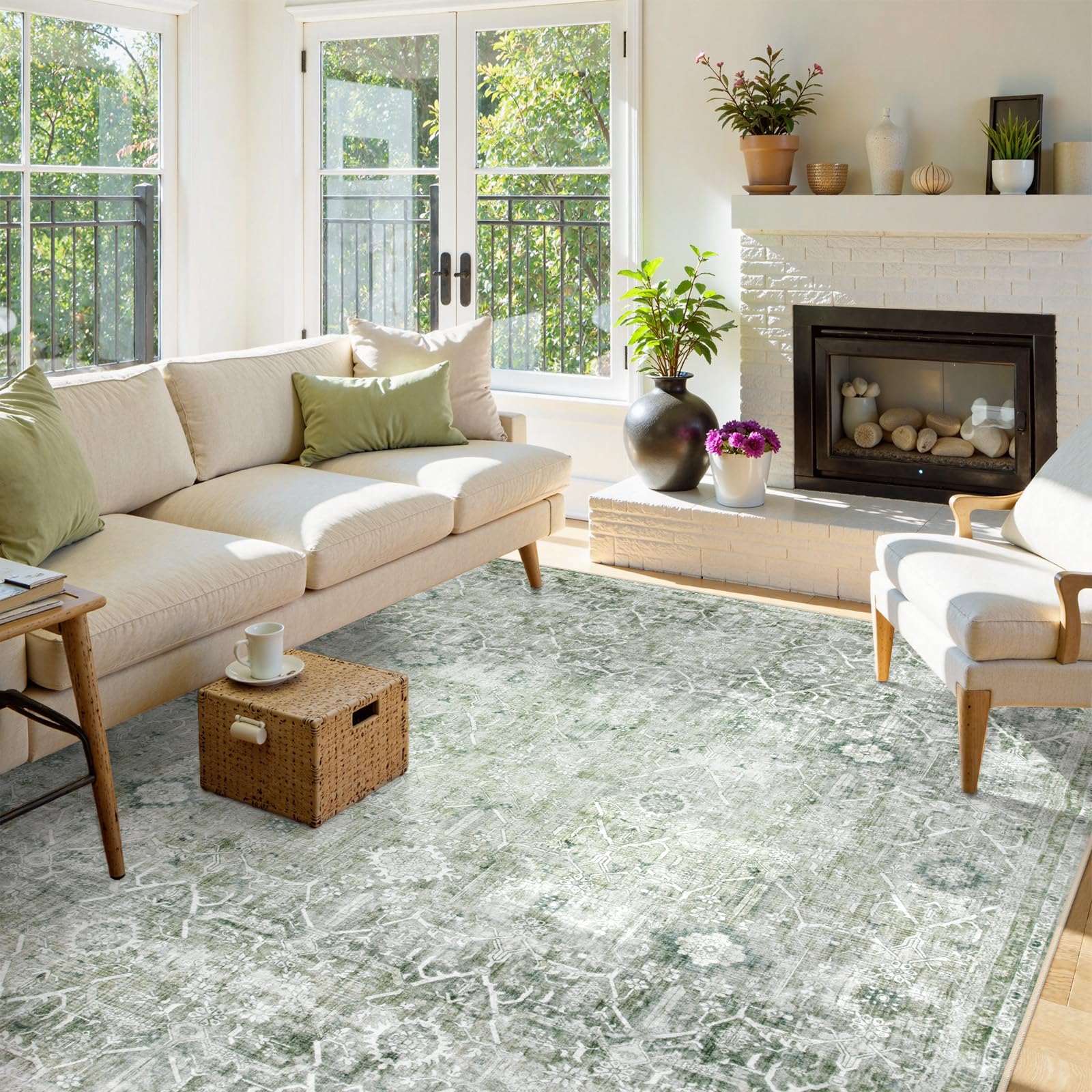 Collive Large Green Area Rug for Living Room 9x12, Washable Area Rug Non Slip Vintage Farmhouse Bedroom Carpet Stain Resistant Ultra-Thin Low Pile Aesthetic Print Floor Rug for Dining Guest Office