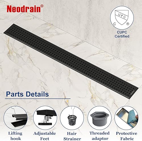 Miniatura 5 de Neodrain Drenaje de ducha lineal negro de 28 pulgadas con rejilla extraíble de patrón cuadrado, fabricante profesional de drenaje de piso de ducha
