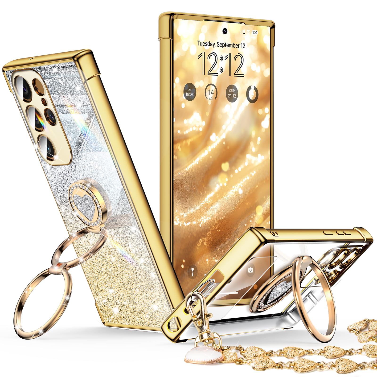 XYZ for Samsung Galaxy S22 Ultra Case with Stand, Galaxy S22 Ultra Case with Double Ring, Women Girls Bling Luxury Glitter Clear Phone Case Cover