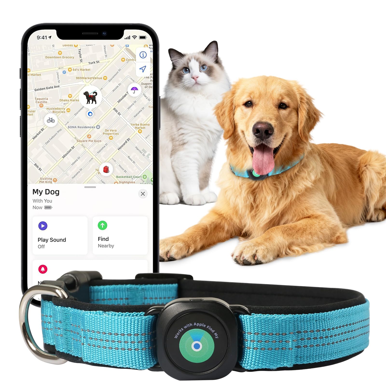 GPS Dog Collar(1 Pack), Mini GPS Cat Tracker, GPS Tracker for Dogs (iOS Only), No Monthly Fee, Compatible with Apple Find My, Anti-Lost, Finder Tag for Kitten Puppy Blue M(13.2"-17.5")